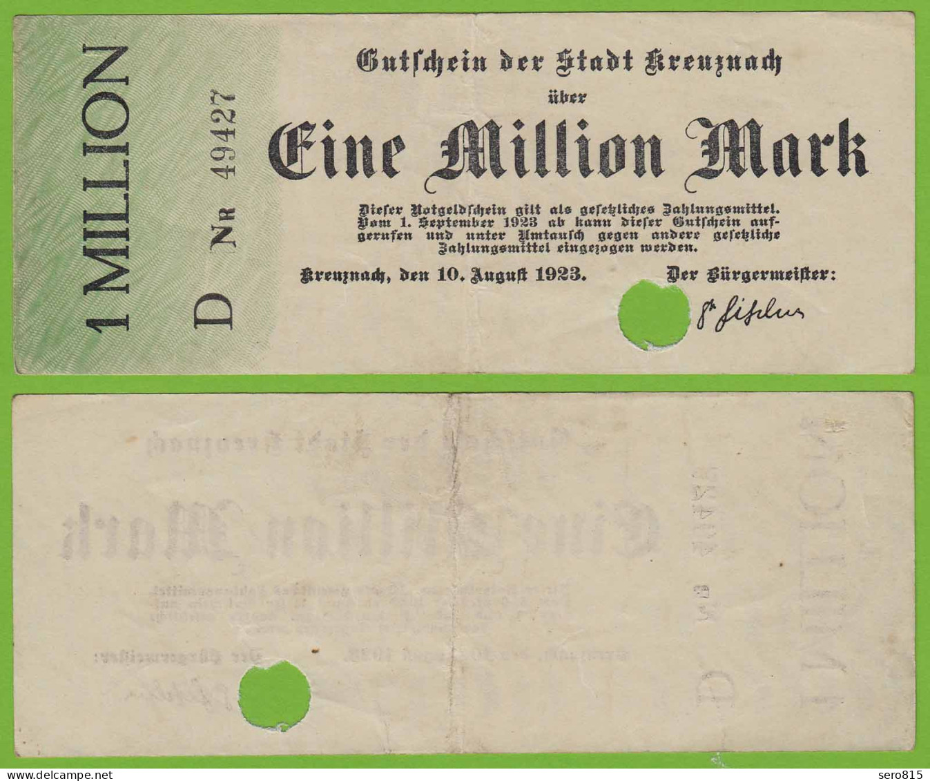 Kreuznach -  Notgeld 1-Million Mark 1923 Serie D Nr. 5-stellig F/VF (19553 - Other & Unclassified