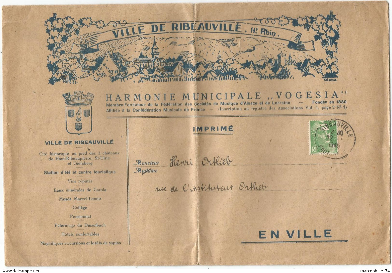 GANDON 5FR N°809 SEUL  GRANDE LETTRE ENTETE VILLE DE RIBEAUVILLE HAUT RHIN HARMONIE VOGESIA 1949 TARIF IMPRIME - 1945-54 Marianne Of Gandon