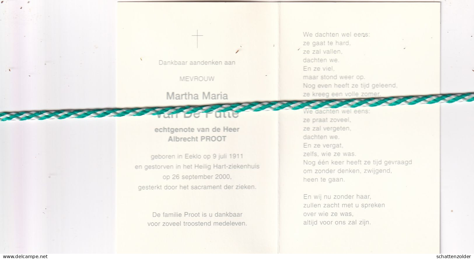Martha Maria Van De Putte-Proot, Eeklo 1911, 2000. Foto - Décès