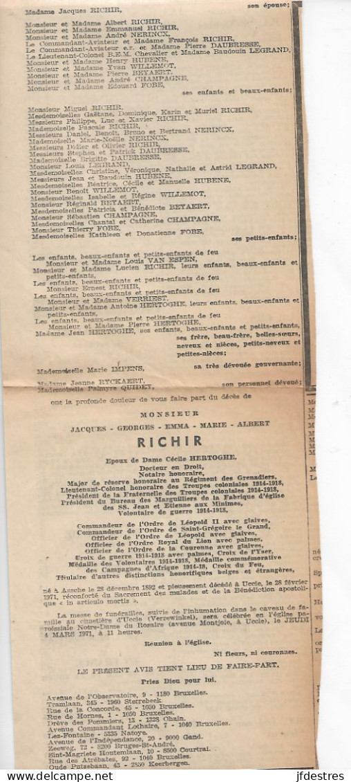 FP Nécrologie Jacques Richir  épx Cécile Hertogue Uccle 1971 - Obituary Notices