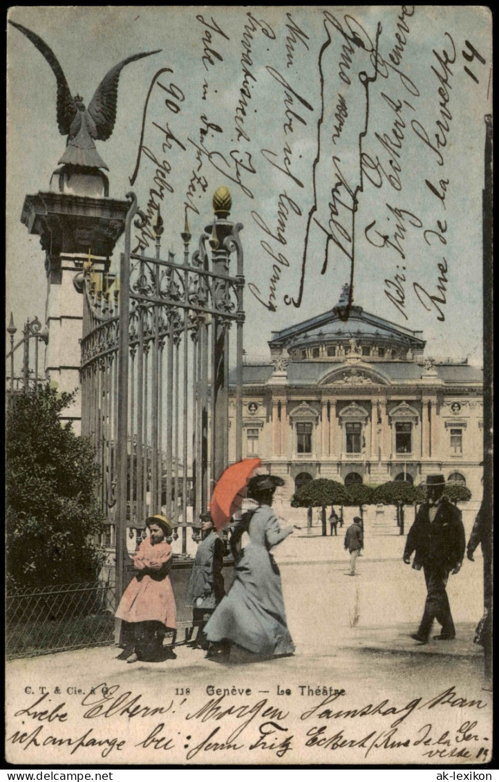 Ansichtskarte Genf Genève Theater, Dame Mit Schirm Colorierte AK 1903 - Andere & Zonder Classificatie