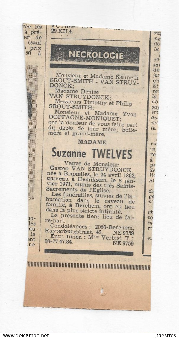 FP Nécrologie Suzanne Twelves Vve Gaston Van Struydonck Hemiksem 1971 - Obituary Notices