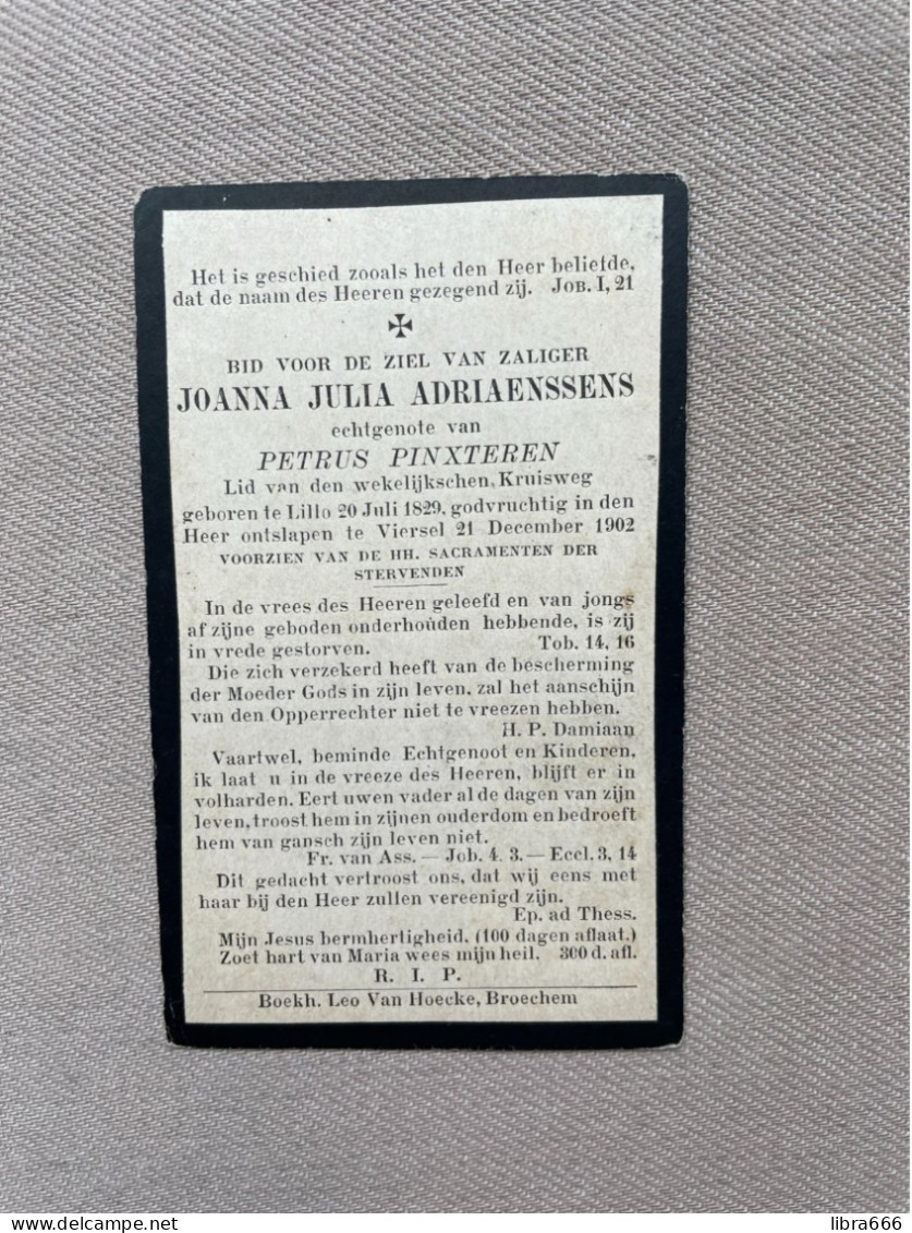 ADRIAENSSENS Joanna Julia °LILLO 1829 +VIERSEL 1902 - PINXTEREN - Décès