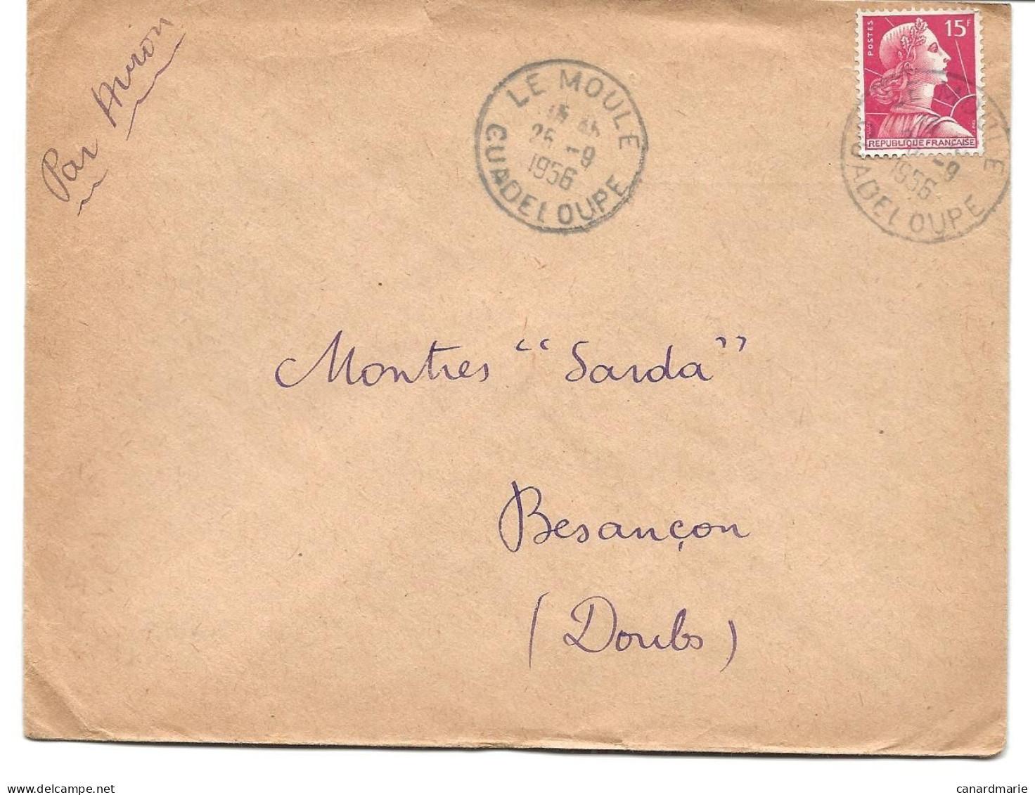 LETTRE 1956 AVEC TIMBRE MARIANNE DE GANDON ET CACHET LE MOULE GUADELOUPE - Handstempel