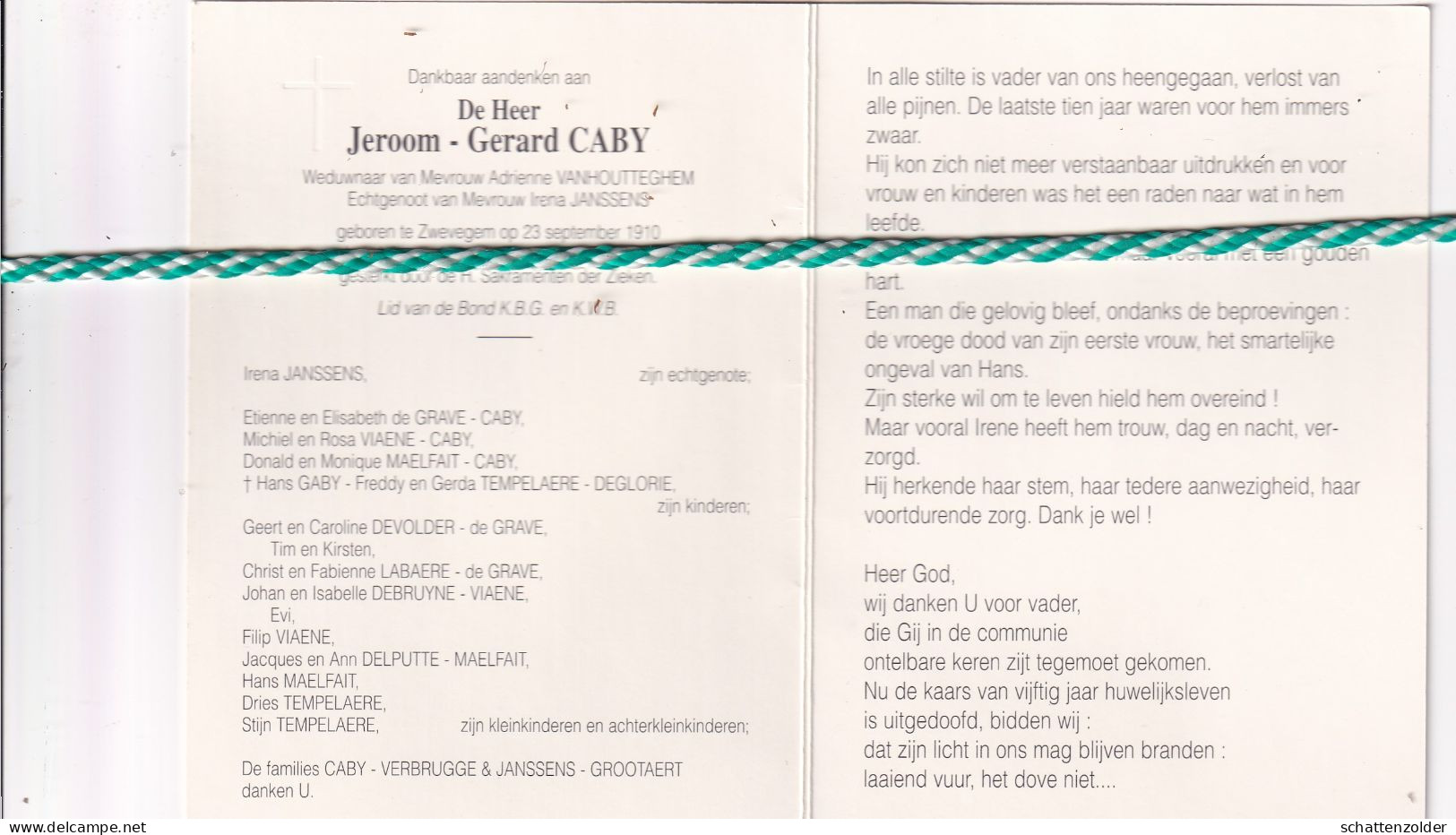 Jeroom Gerard Caby-Vanhoutteghem-Janssens, Zwevegem 1910, Kortrijk 1995. Foto - Obituary Notices