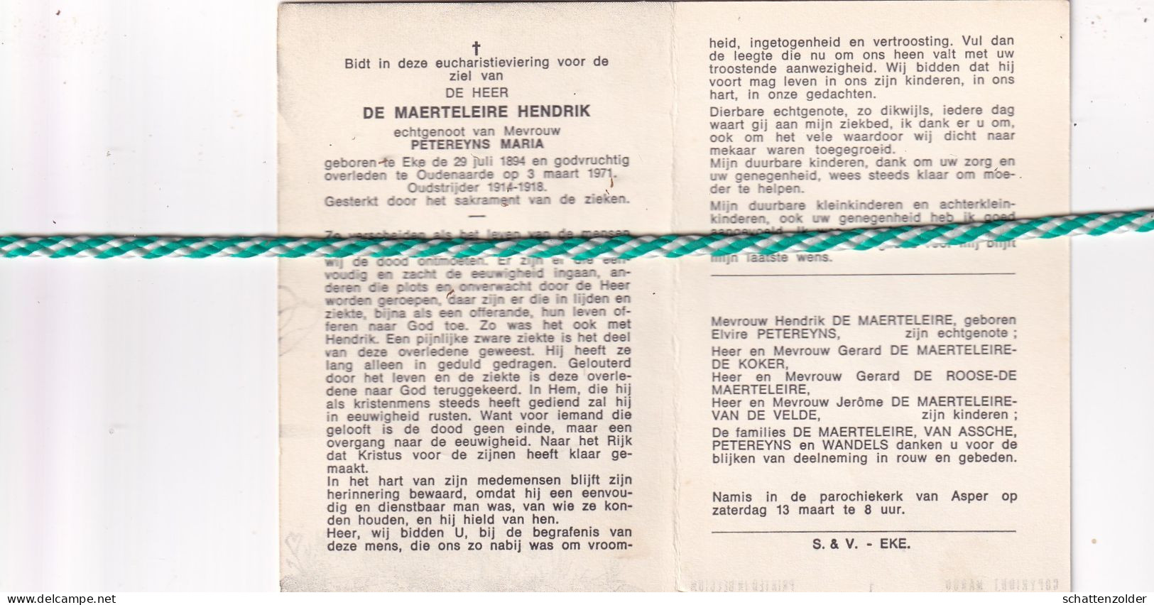 Hendrik De Maerteleire-Petereyns, Eke 1894, Oudenaarde 1971. Oud-strijder 14-18 - Obituary Notices