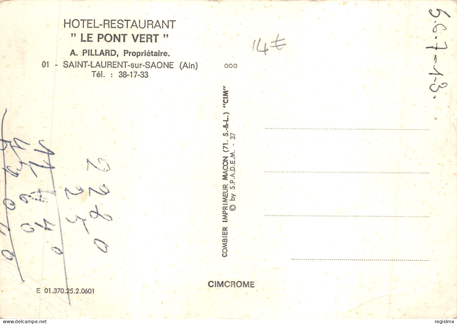 01-SAINT LAURENT SUR SAONE-HOTEL LE PONT VERT-N°T564-C/0159 - Non Classificati