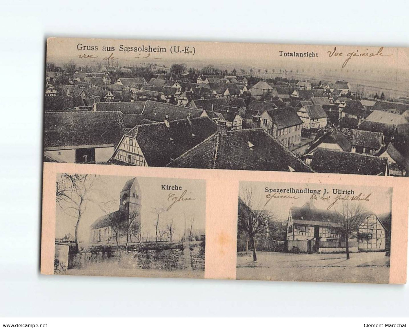 Gruss Aus SAESSOLSHEIM, Totalansicht, Kirche, Spezereihandlun J. Ullrich - Très Bon état - Autres & Non Classés