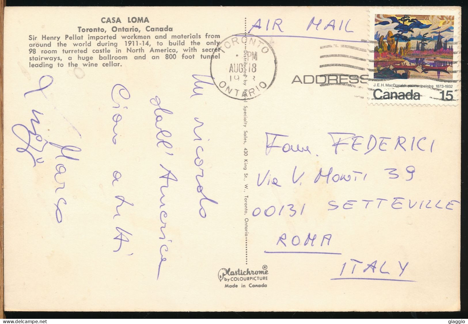 °°° 30974 - CANADA - TORONTO - CASA LOMA - 1973 With Stamps °°° - Toronto