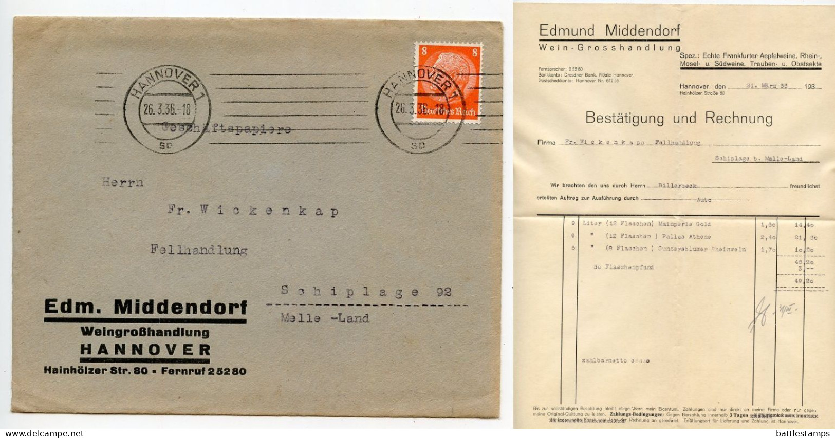 Germany 1936 Cover & Invoice; Hannover - Edm. Middendorf, Weingroßhandlung (Wine Wholesaler); 8pf. Hindenburg - Lettres & Documents