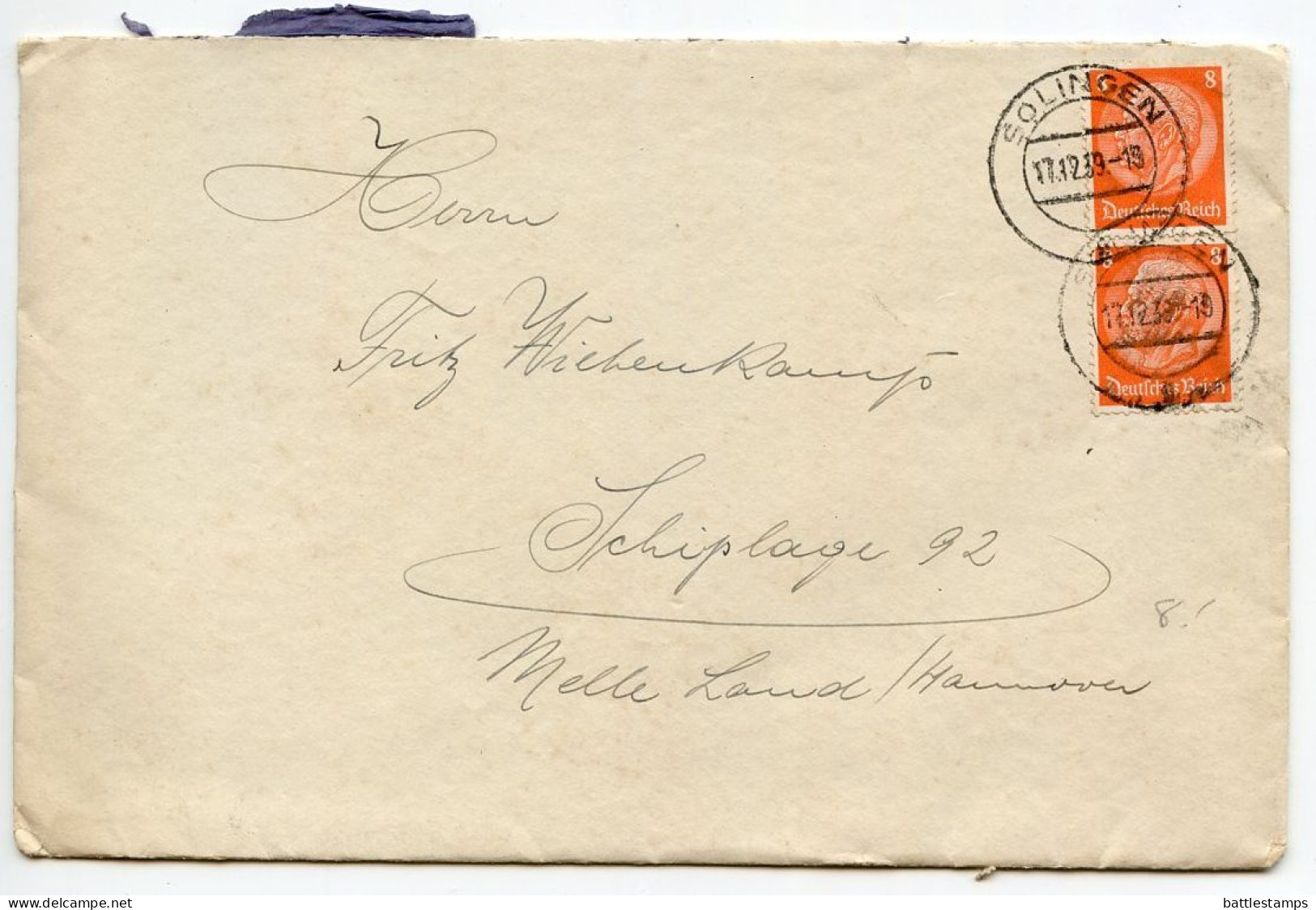 Germany 1939 Cover & Letter; Solingen - Willy Mertens To Schiplage; 8pf. Hindenburg, Pair - Covers & Documents