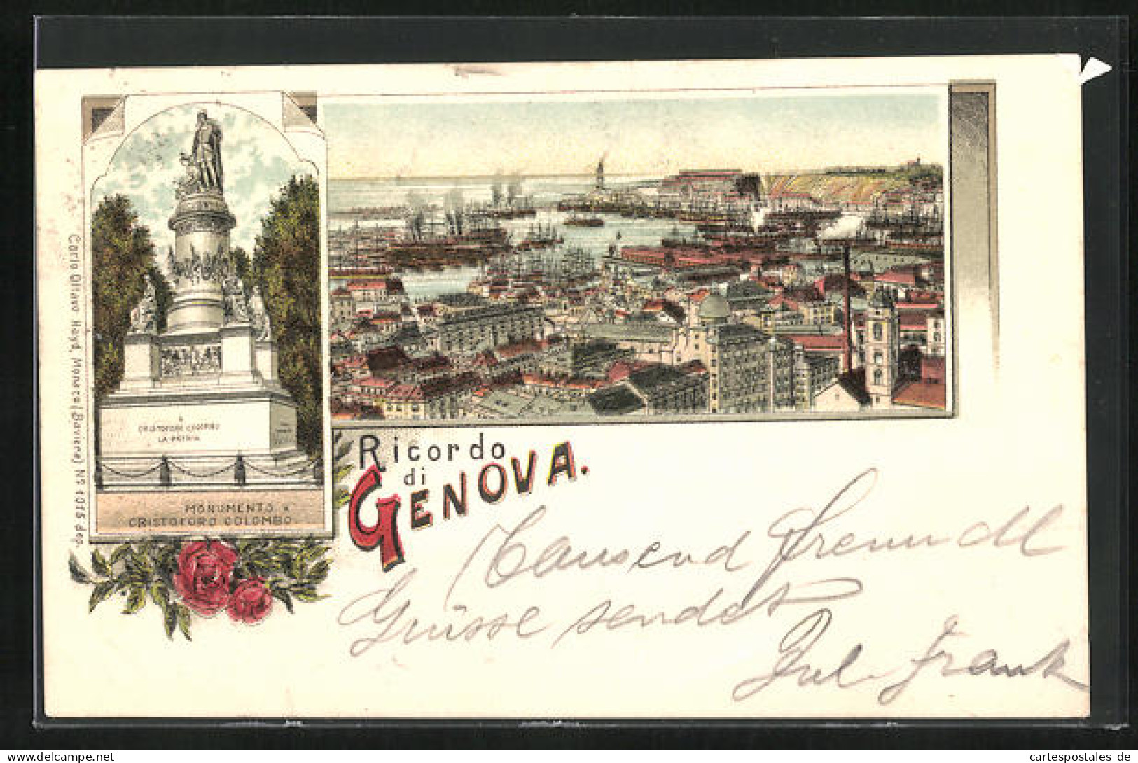 Lithographie Genova, Panorama, Monumento A Cristoforo Colombo  - Genova (Genua)