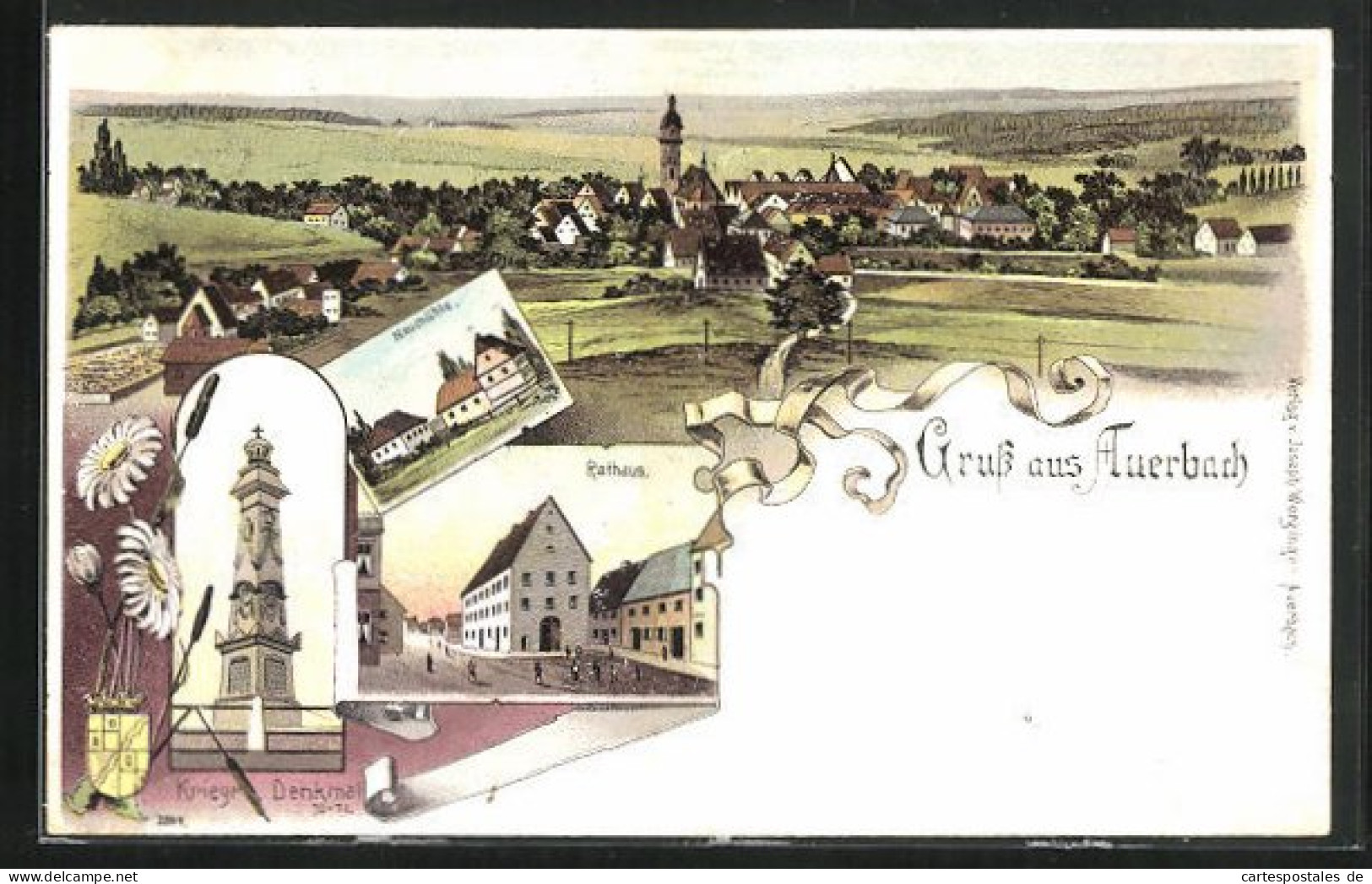 Lithographie Auerbach, Rathaus, Neumühle, Krieger-Denkmal  - Auerbach