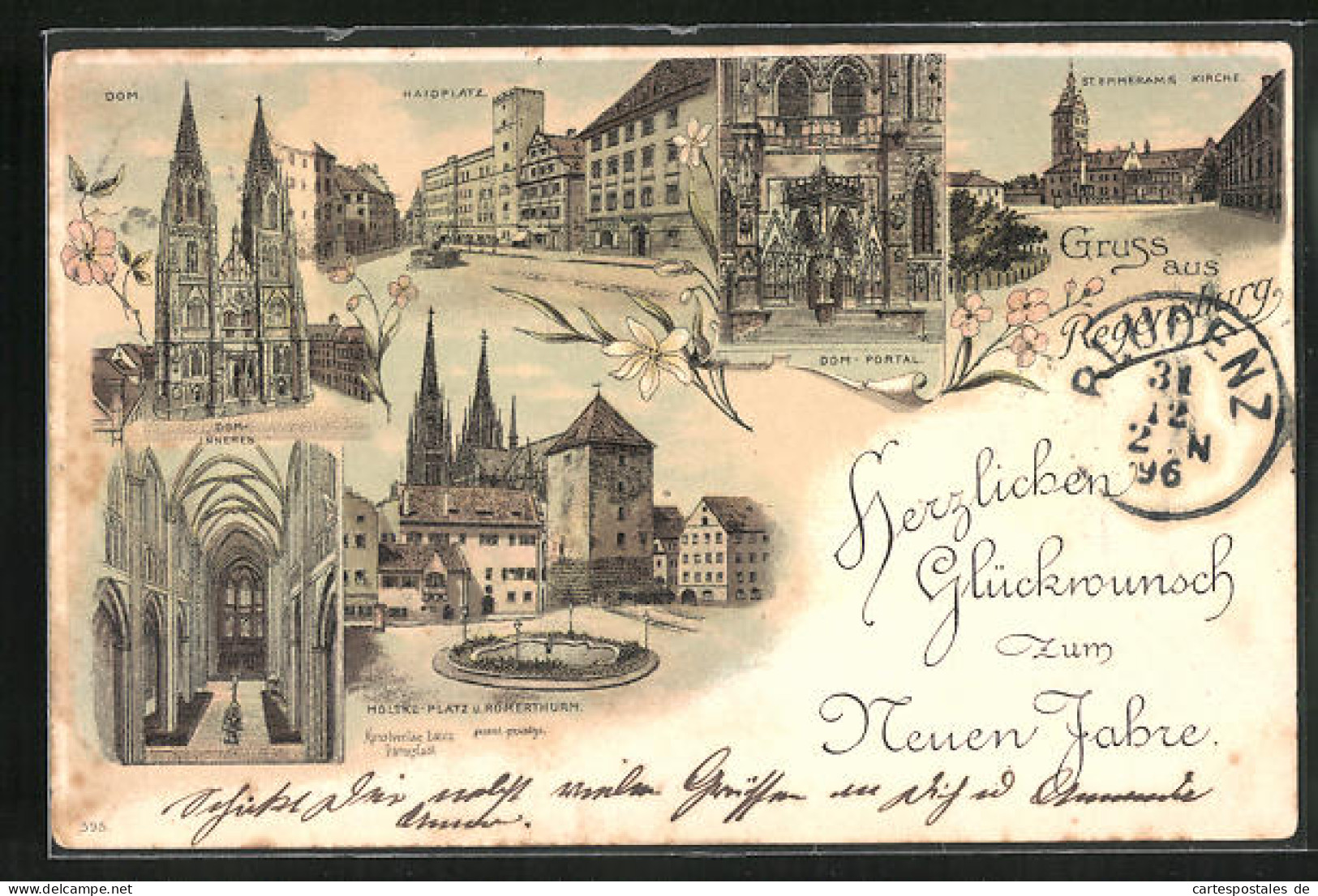 Lithographie Regensburg, Dom, Inneres, Portal, Neujahrsgruss  - Regensburg