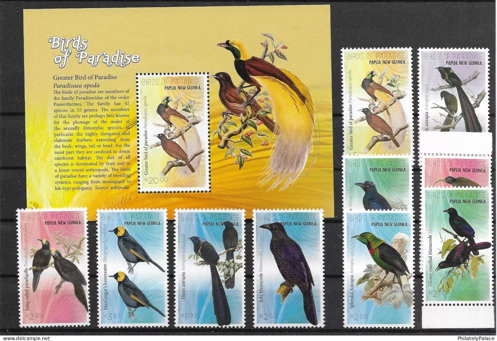 Papua New Guinea PNG 2021 Birds Of Pradise,Honeyeater,Astrapia,Set Of 10 Stamps + 1 MS MNH (**) - Papúa Nueva Guinea