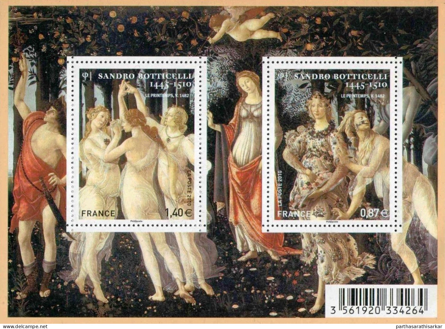 FRANCE 2010 500TH ANNIVERSARY OF THE DEATH OF SANDRO BOTTICELLI, 1445-1510 PAINTINGS MINIATURE SHEET MS MNH - Unused Stamps