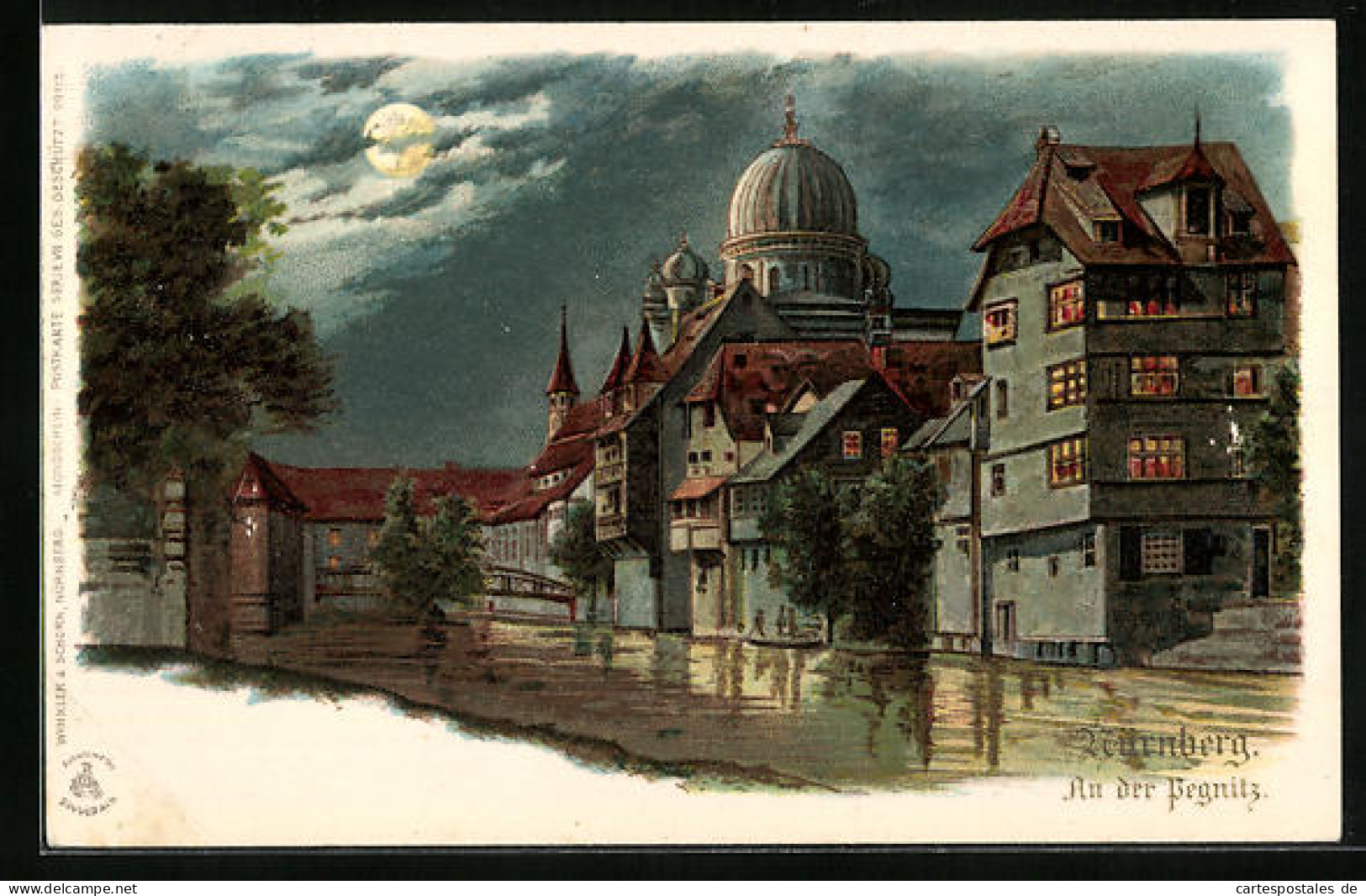 Präge-AK Nürnberg, Synagoge An Der Pegnitz Bei Vollmond  - Judaika