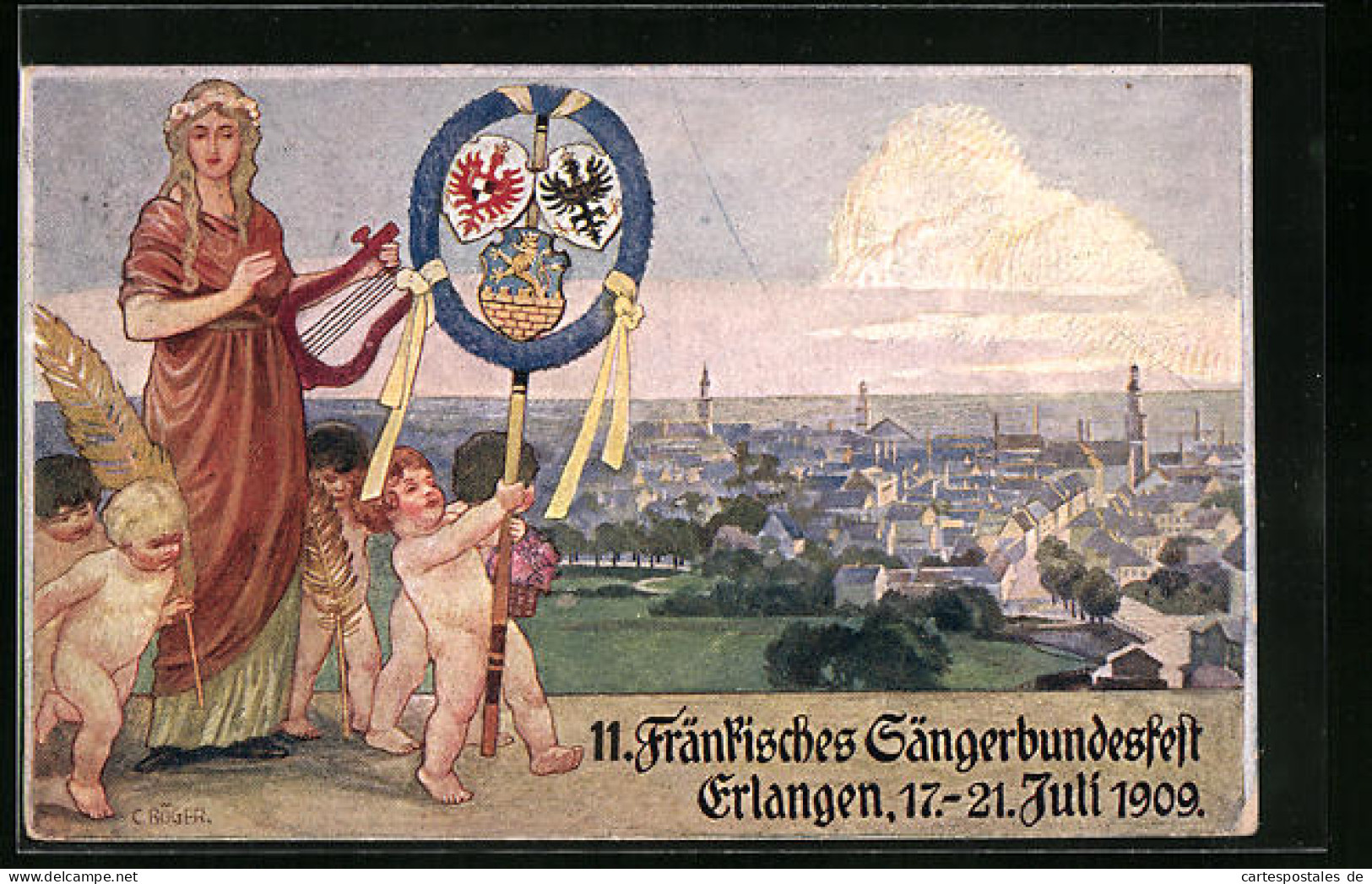 Künstler-AK Ganzsache Bayern PP15C160 /02: Erlangen, 11. Fränkisches Sängerbundesfest 1909  - Cartoline