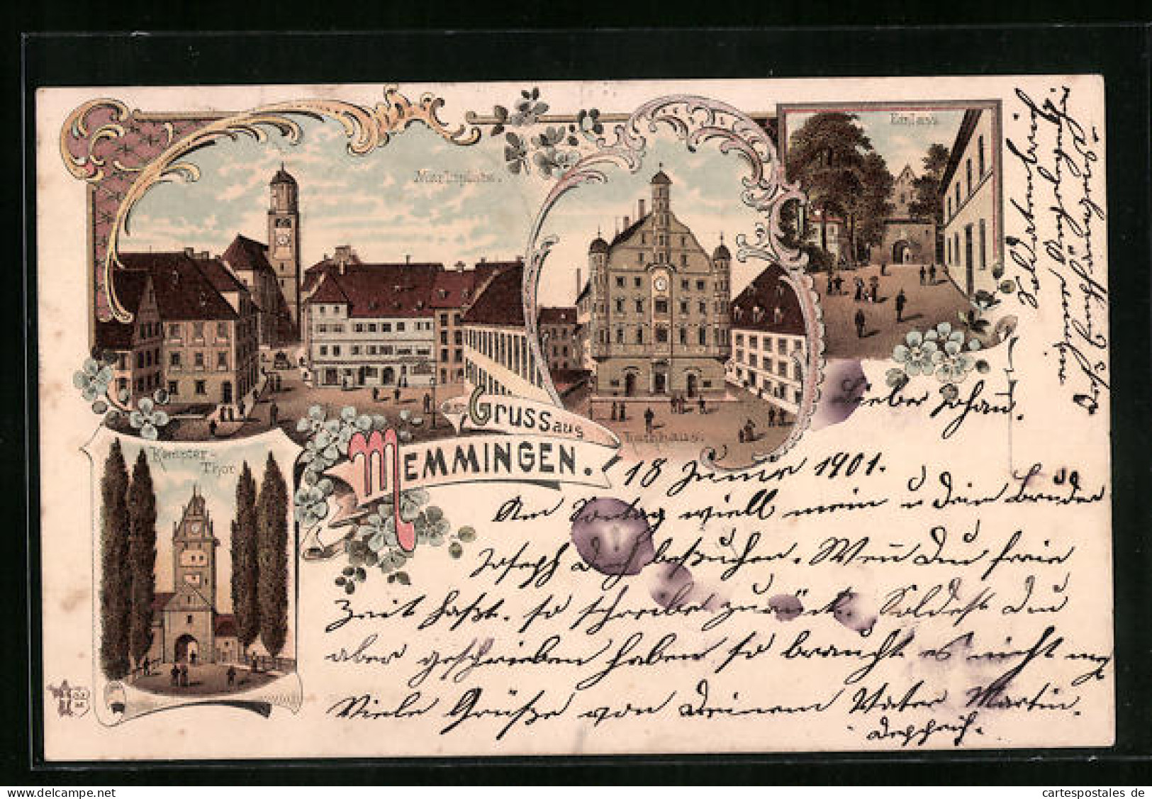 Lithographie Memmingen, Rathaus, Kempter-Tor, Marktplatz  - Memmingen