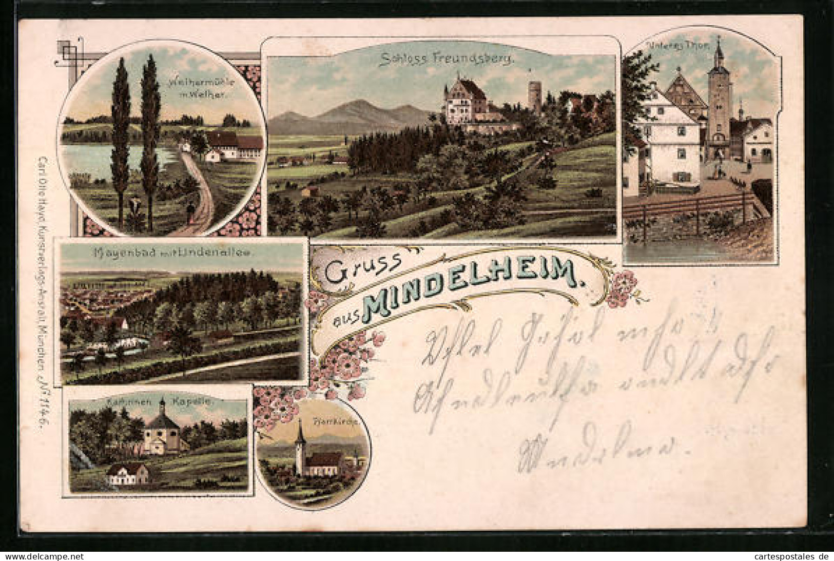 Lithographie Mindelheim, Schloss Fruendsberg, Unteres Tor, Kathrinen-Kapelle  - Mindelheim