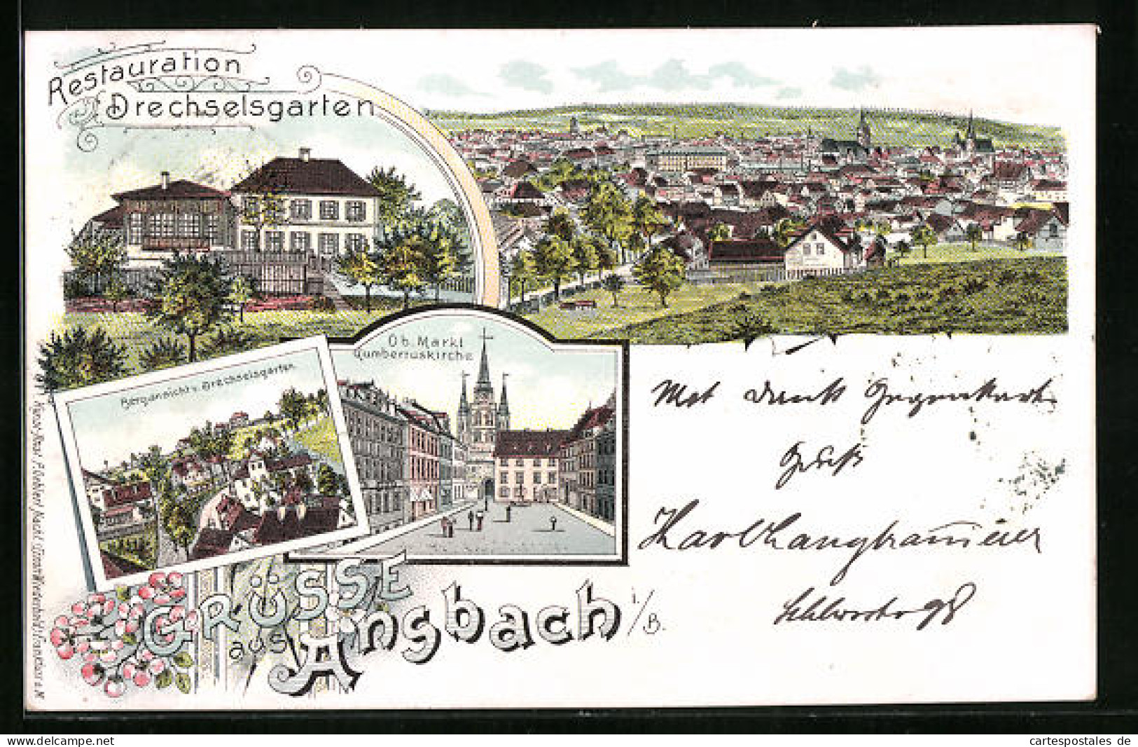 Lithographie Ansbach I. B., Restaurant Drechselgarten, Totalansicht  - Ansbach