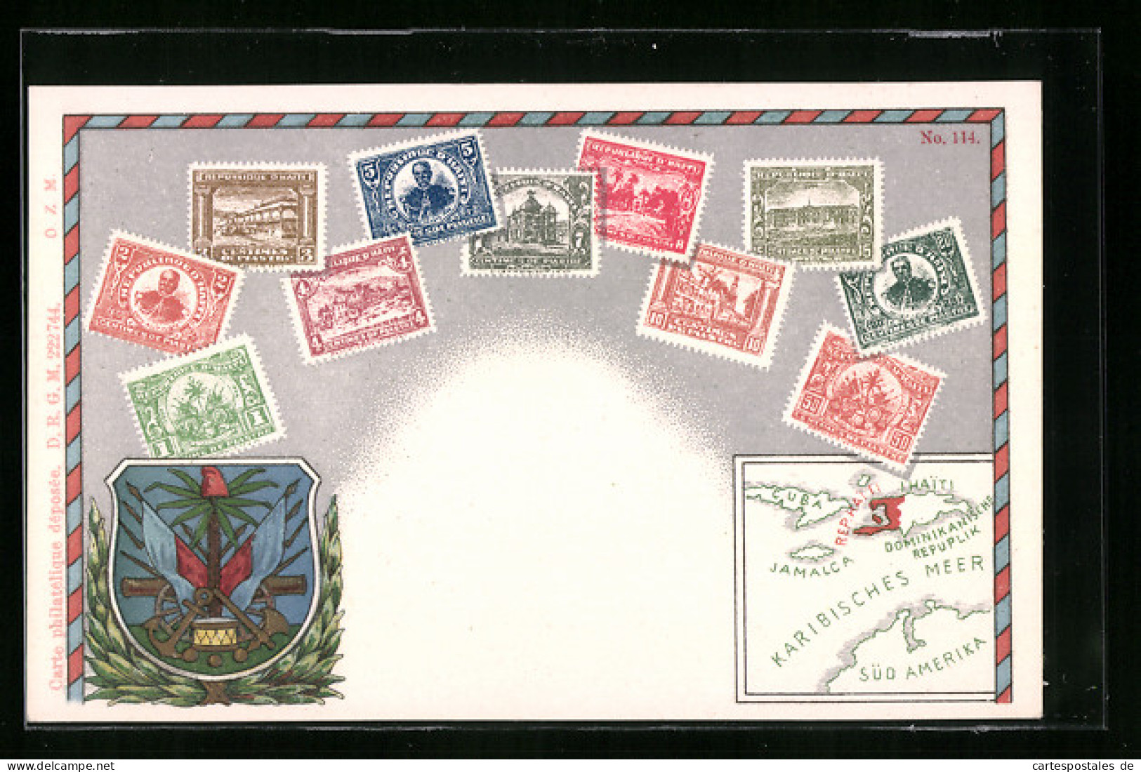 AK Briefmarken Aus Haiti Mit Landkarte  - Timbres (représentations)