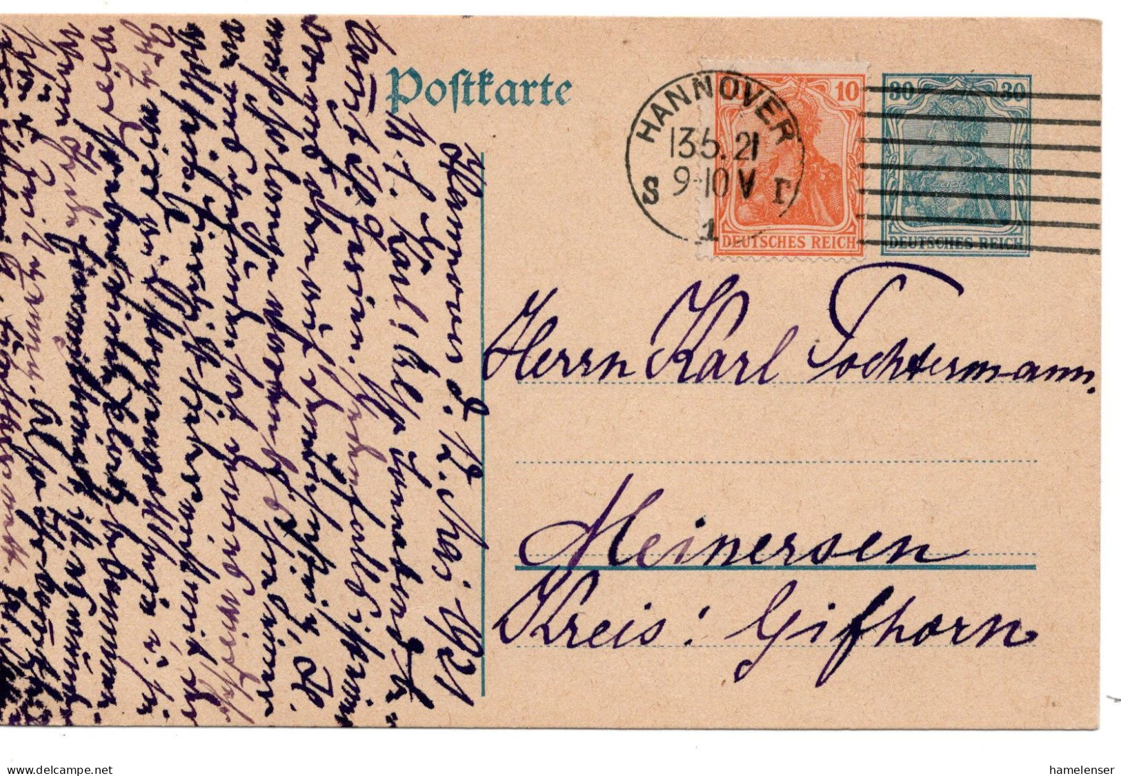 64309 - Deutsches Reich - 1921 - 30Pfg Germania GAKte M ZusFrankatur HANNOVER -> Meinersen - Covers & Documents