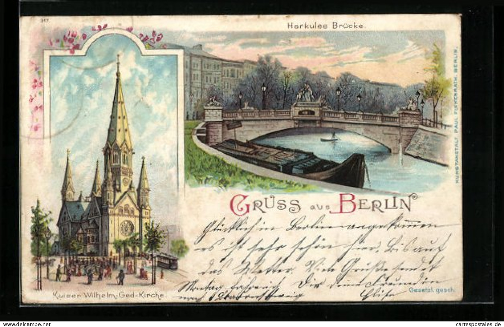 Lithographie Berlin, Herkules-Brücke, Kaiser Wilhelm Gedächtnis-Kirche  - Charlottenburg