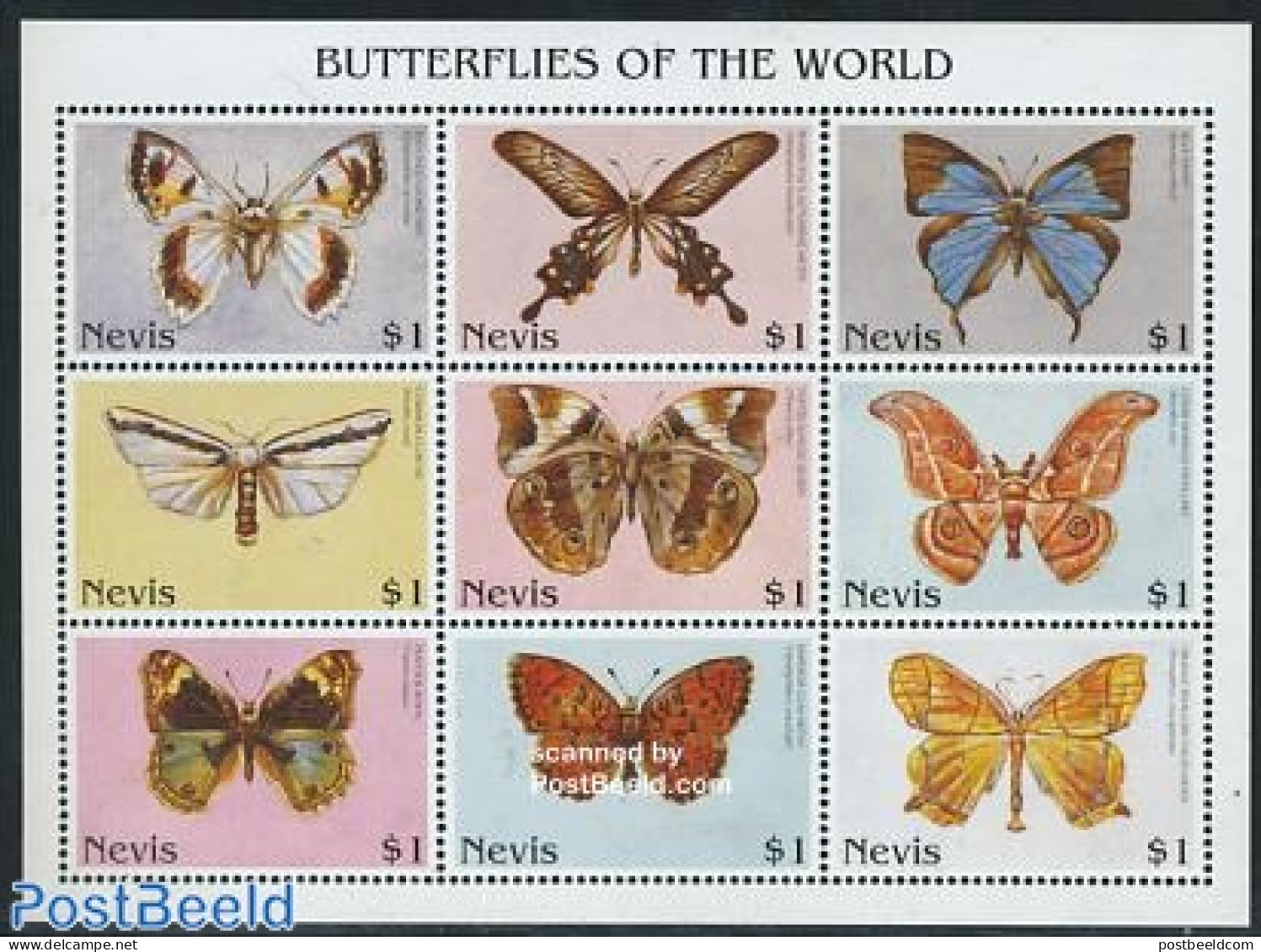 Nevis 1997 Butterflies 9v M/s, Mint NH, Nature - Butterflies - St.Kitts And Nevis ( 1983-...)