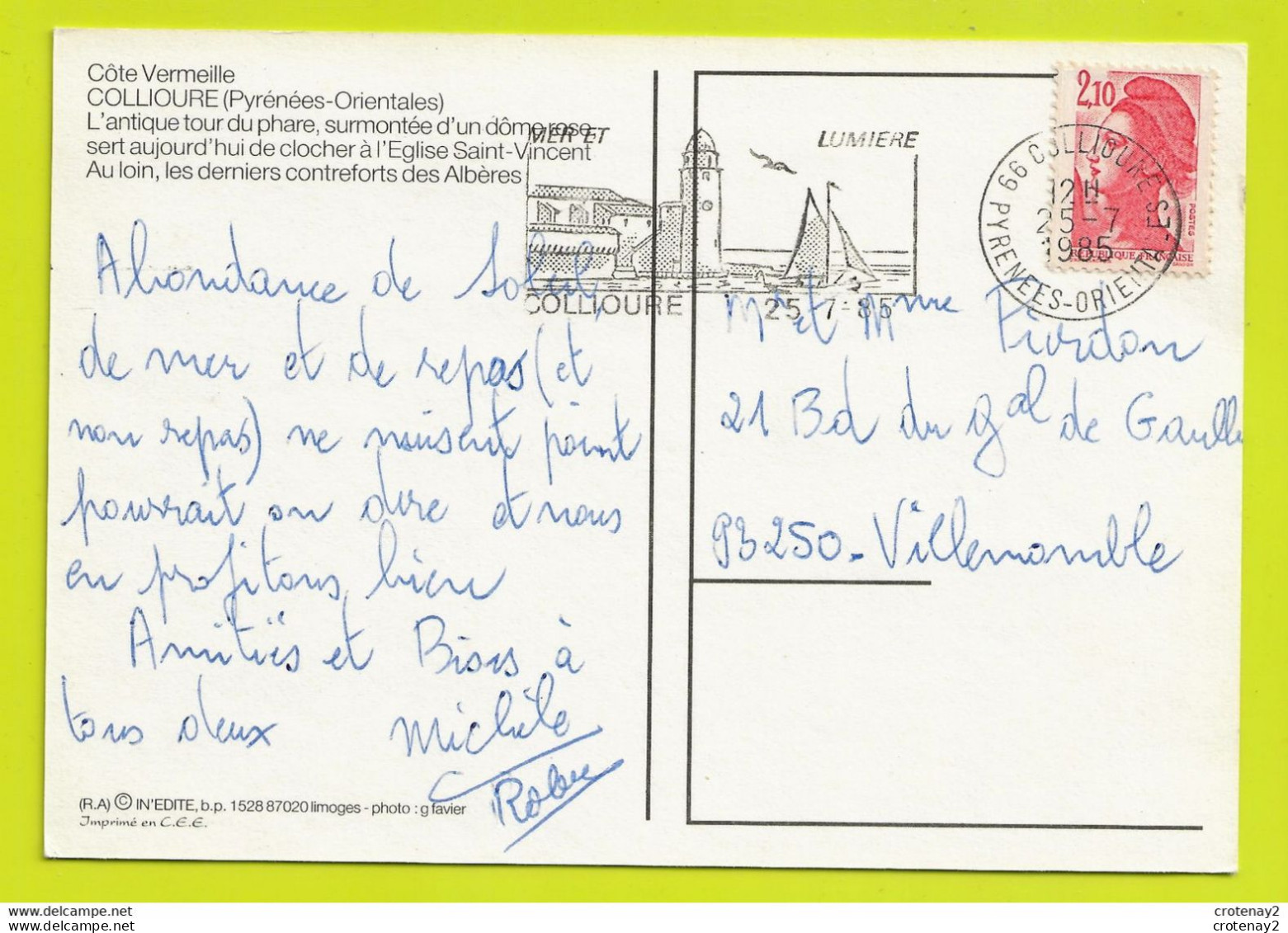 66 COLLIOURE L'Antique Tour Du Phare Clocher église St Vincent Contreforts Des Albères VOIR DOS Et Flamme En 1985 - Collioure