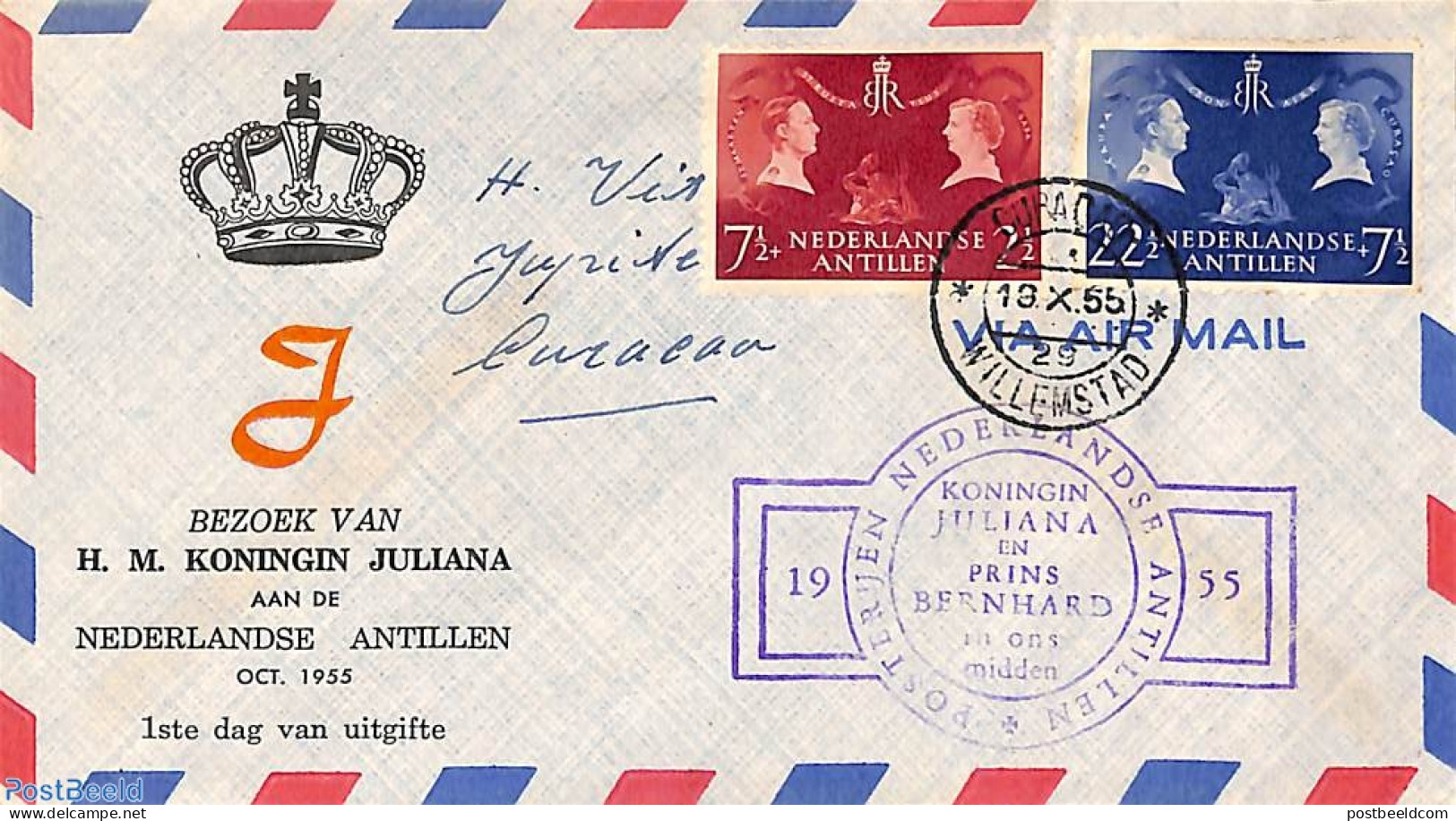 Netherlands Antilles 1955 Royal Visit 2v, FDC, Postal History, History - Kings & Queens (Royalty) - Familles Royales