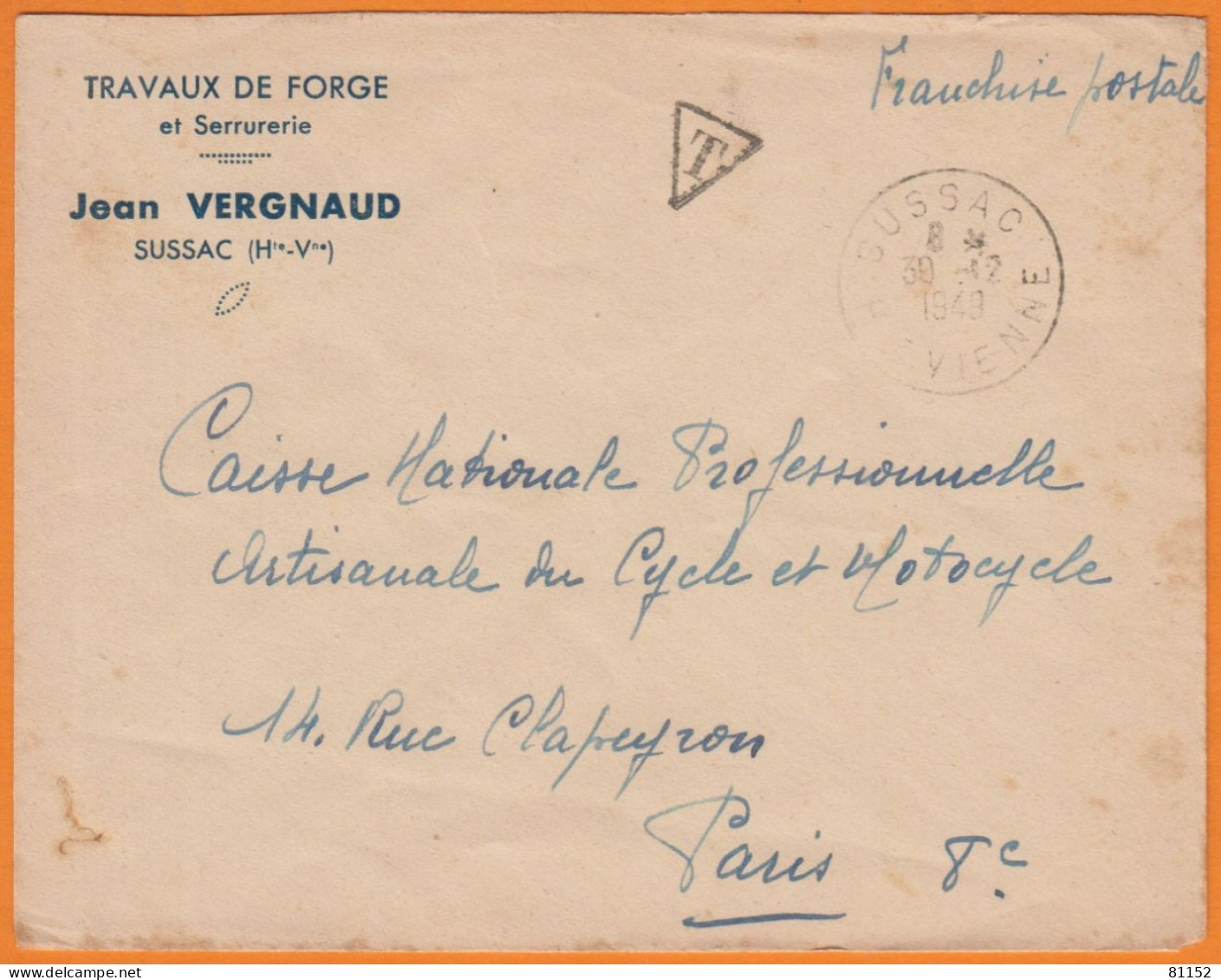 Lettre Pub De SUSSAC .87 Hte-Vienne " TRAVAUX DE FORGE Et Serrurerie " En F.P. Le 30 12 1949 - Lettres & Documents