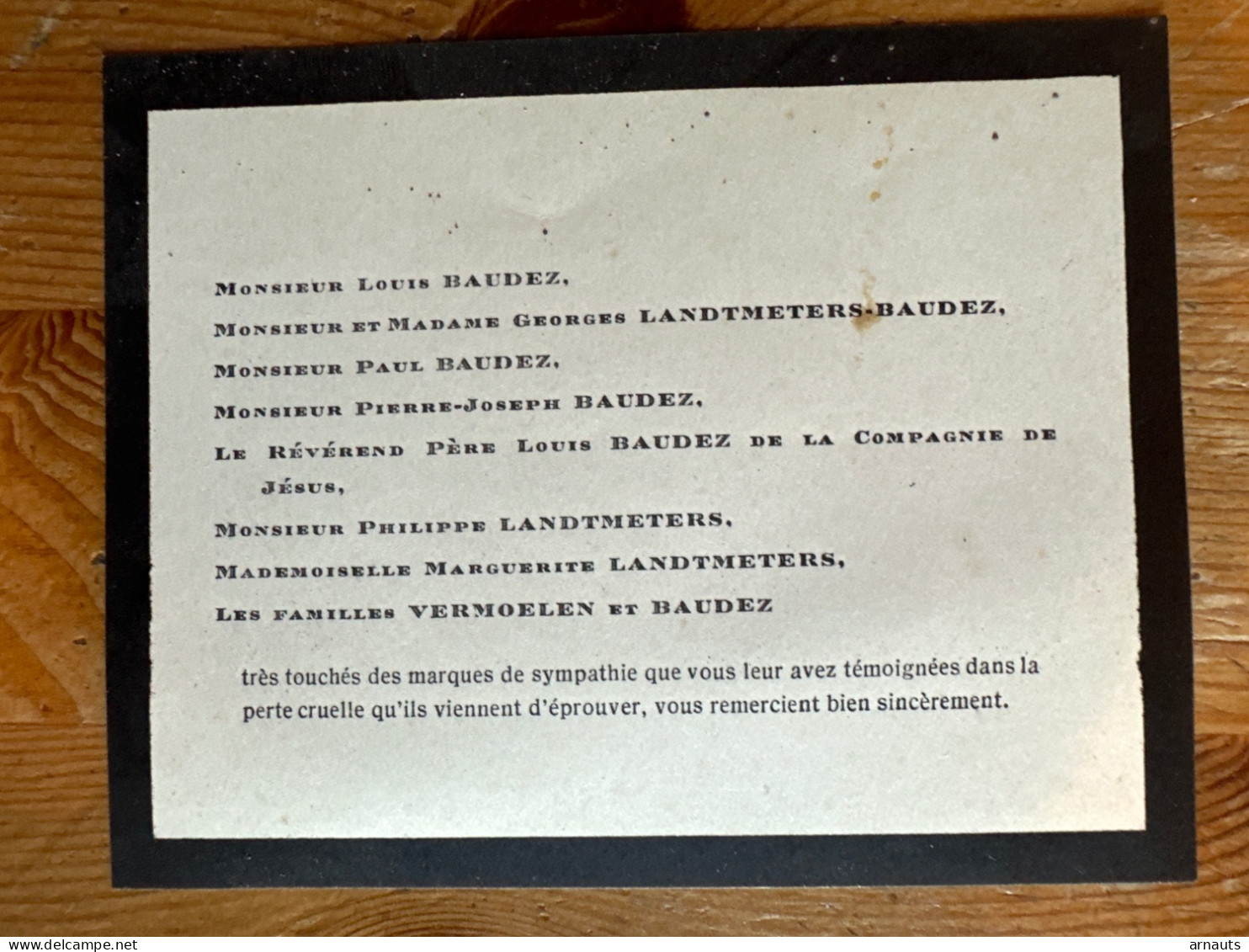 Carte Remercient Madame  Baudez Nee Marguérite Vermoelen *1874 Zandhoven +1945 Deurle Anvers Et Son Mari +1946 Berchem - Todesanzeige