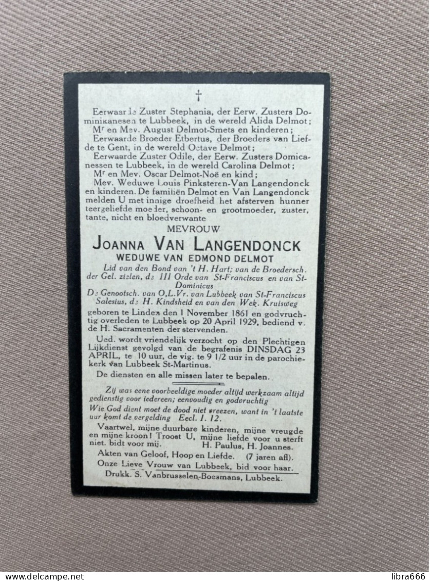 VAN LANGENDONCK Joanna °LINDEN 1861 +LUBBEEK 1929 - DELMOT - Obituary Notices