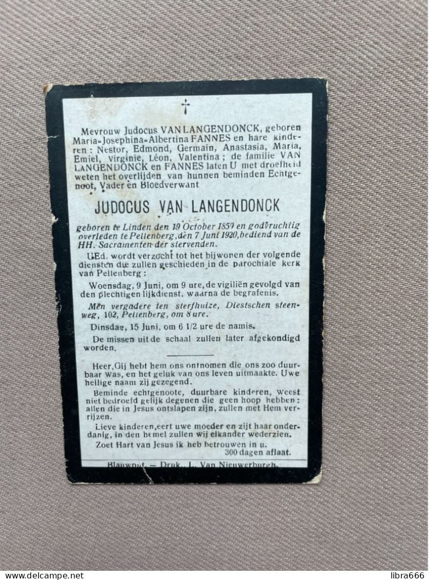 VAN LANGENDONCK Judocus °LINDEN 1859 +PELLENBERG 1920 - FANNES - Obituary Notices