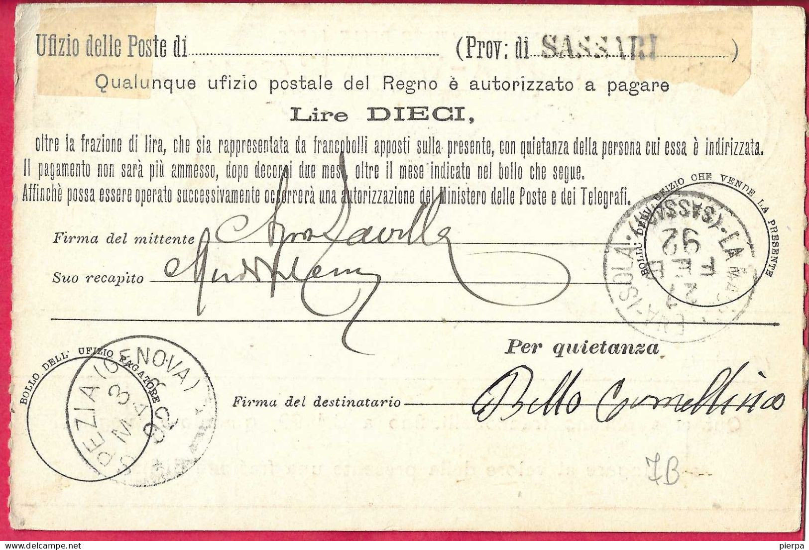 INTERO CARTOLINA- VAGLIA UMBERTO C.15 DA LIRE 10 (CAT. INT.7B) - DA "LA MADDALENA*28.FEB.1892* PER SPEZIA - Stamped Stationery