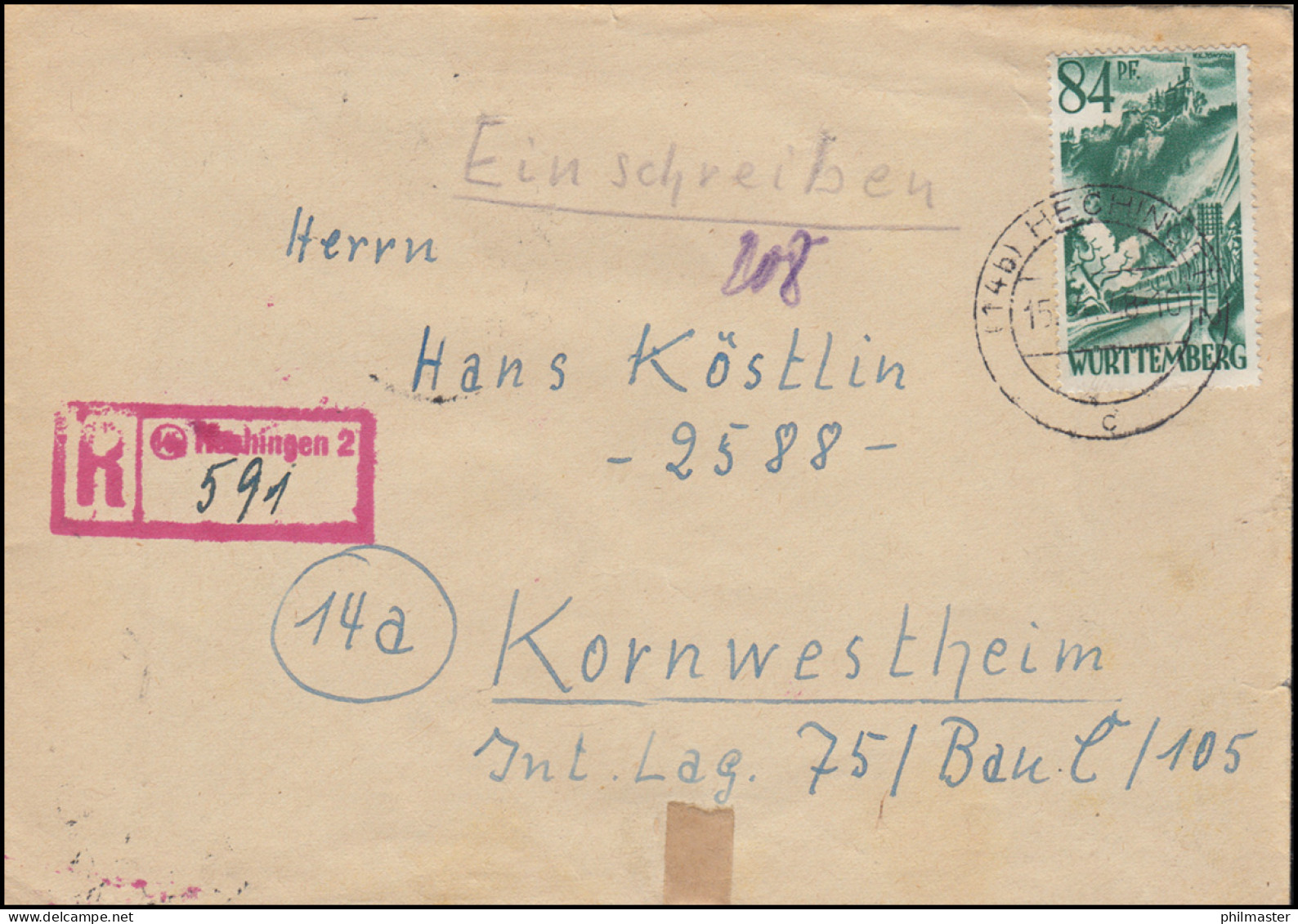 12 Schloss Lichtenstein 84 Pf Als EF Auf R-Brief Not-R-Stempel Hechingen 15.4.48 - R- Und V-Zettel