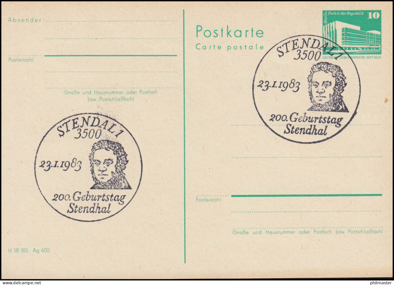 SSt 200. Geburtstag Stendhal STENDAL 23.11.1983 Auf DDR-Postkarte P 84 - Schriftsteller