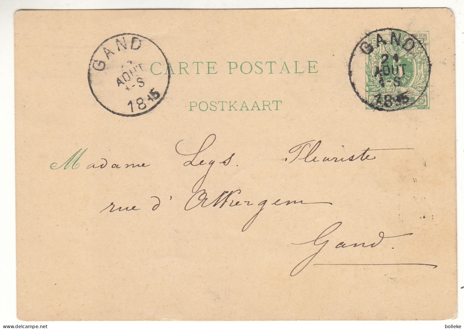 Belgique - Carte Postale De 1885 - Entier Postal - Oblit Gand - Exp Vers Gand - Cartes Postales 1871-1909