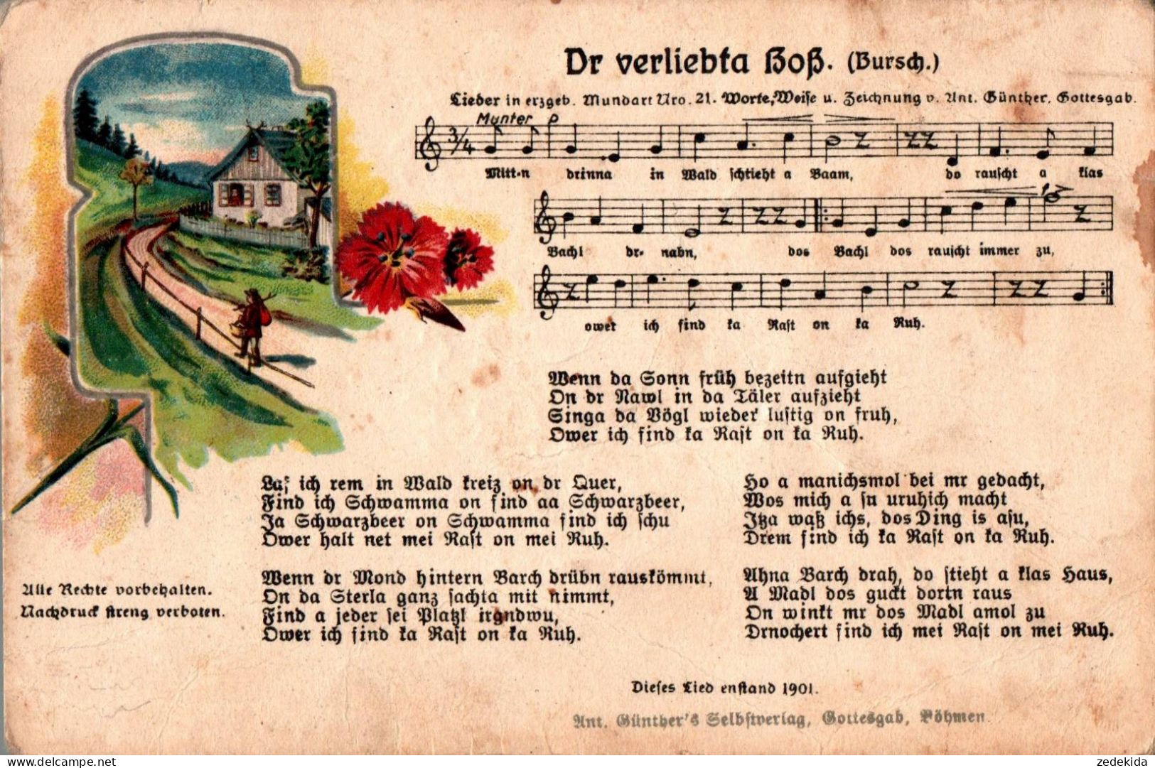 H2211 - Litho Anton Günther Liedkarte - Dr Verliebta Bob .... Erzgebirgisches Volkslied - Sehr Gebraucht !!! - Muziek