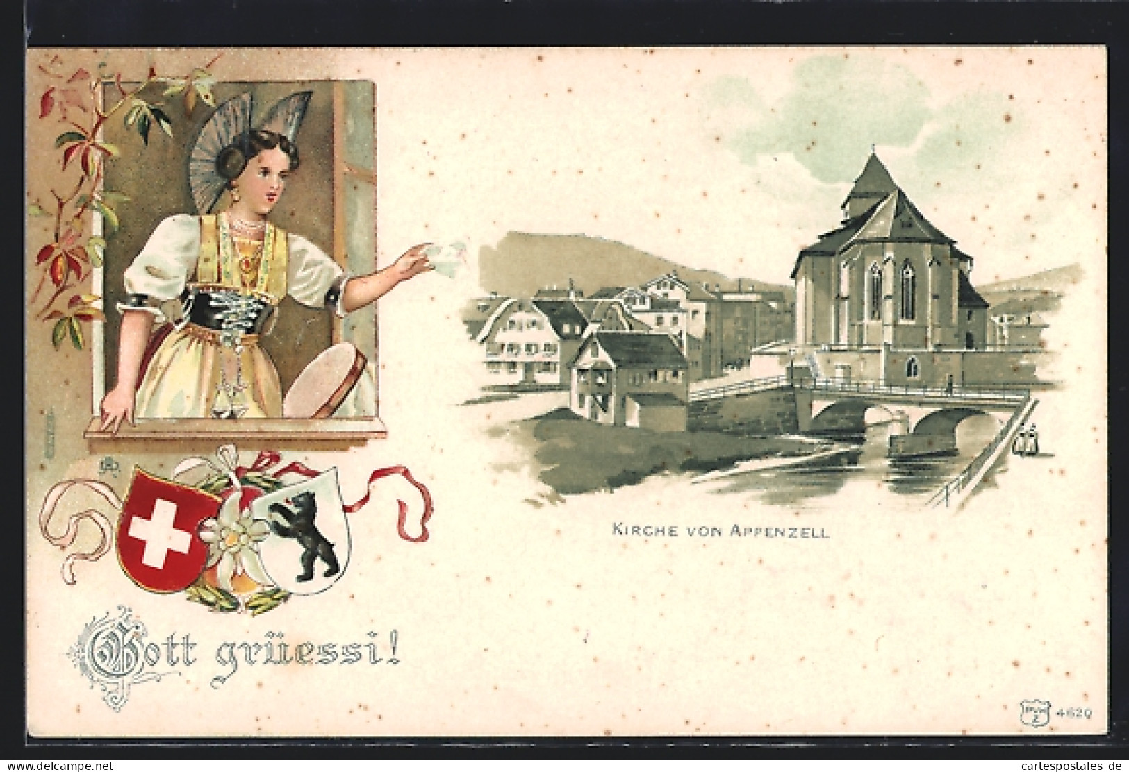 Lithographie Appenzell, Blick Zur Kirche, Frau In Tracht Am Fenster, Wappen  - Appenzell