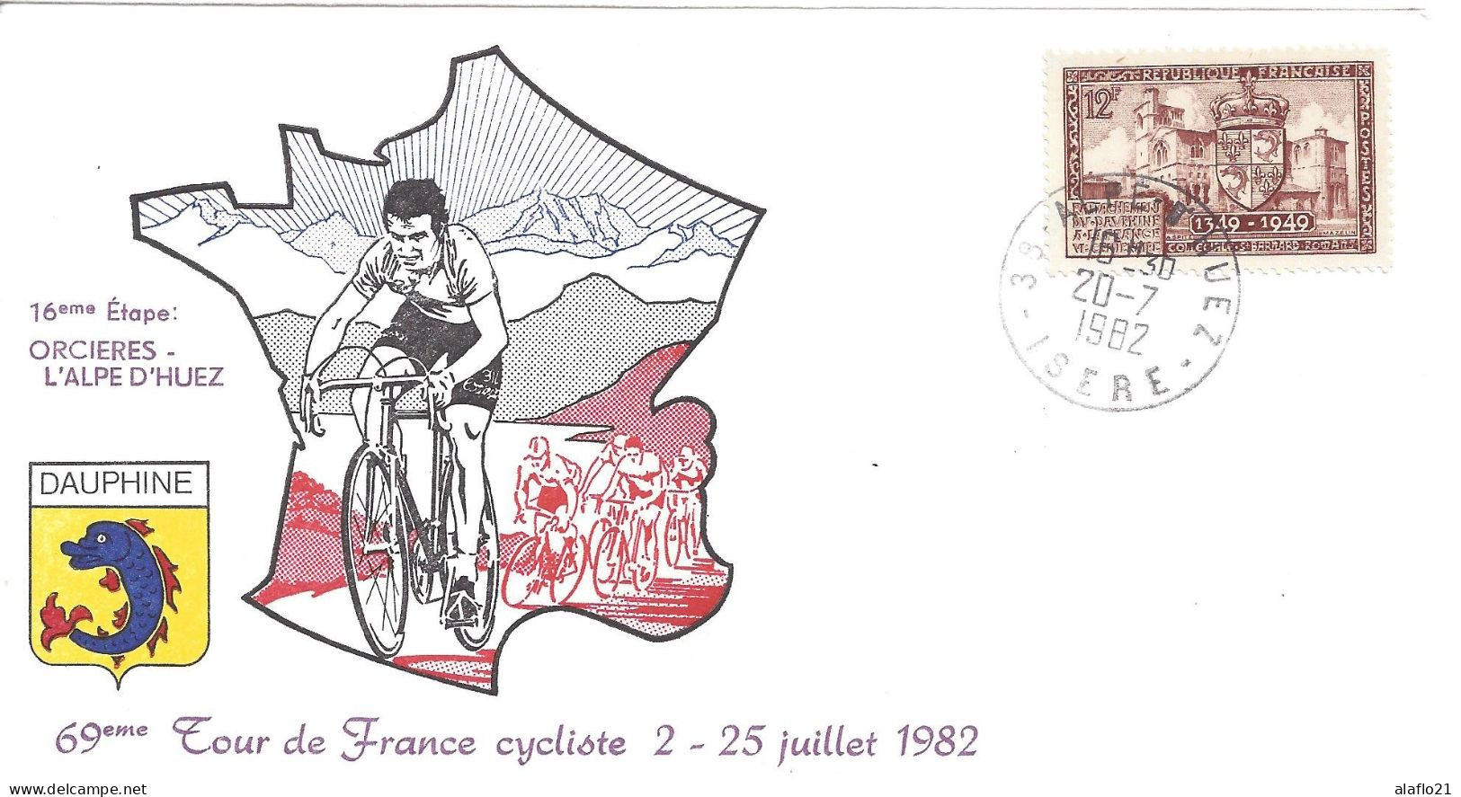 ENVELOPPE OFFICIELLE TOUR De FRANCE CYCLISTE 1982 16e ETAPE ORCIERES ALPE D'HUEZ - Gedenkstempels
