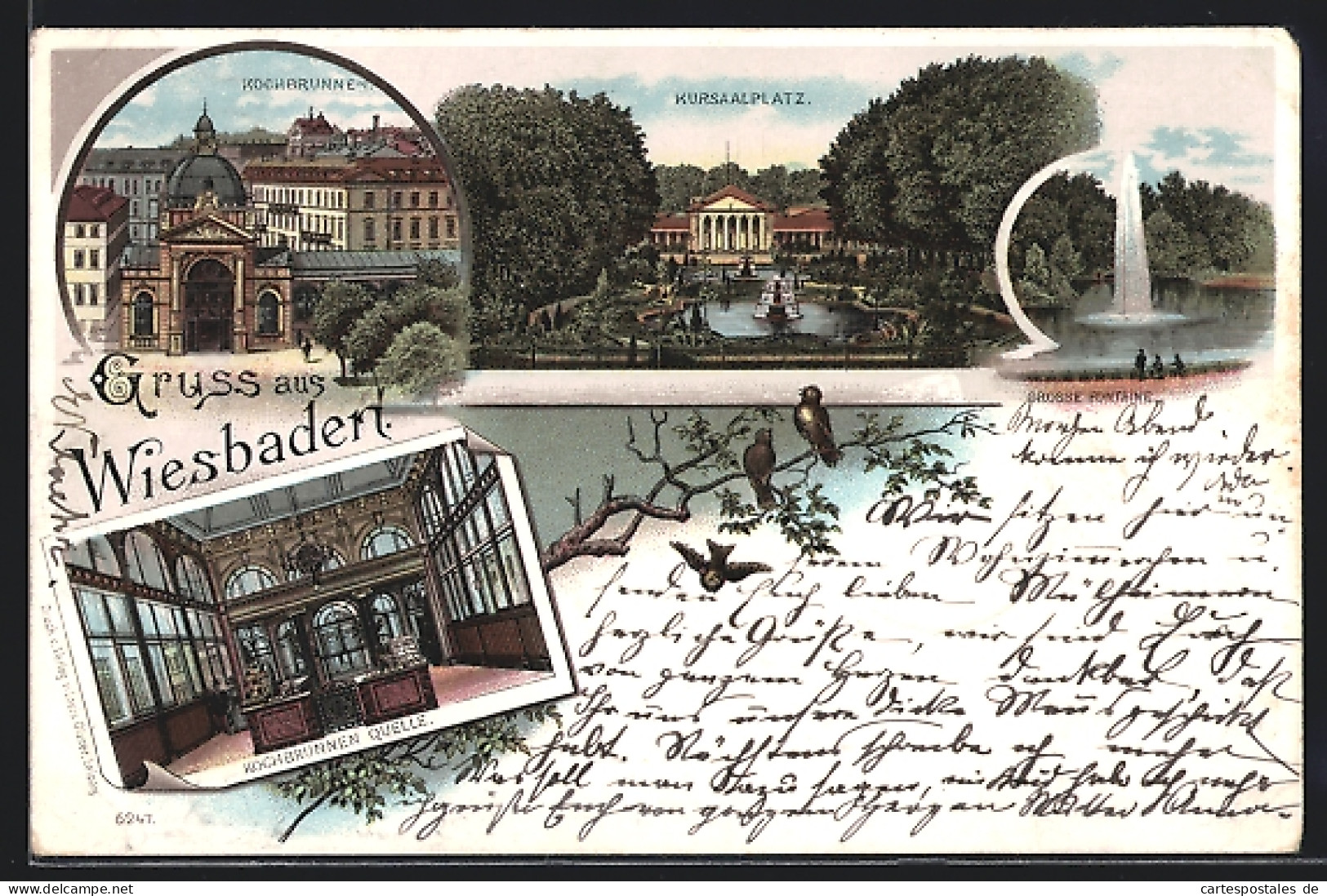 Lithographie Wiesbaden, Kochbrunnen, Kursaalplatz, Kochbrunnen-Quelle  - Wiesbaden