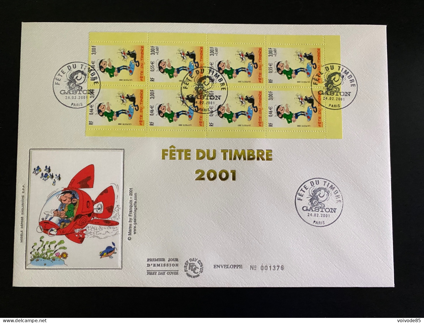 Enveloppe 1er Jour GF Soie "Gaston Lagaffe - Franquin" - 24/02/2001 - BC3370A - 3370 - Fête Du Timbre - 2000-2009