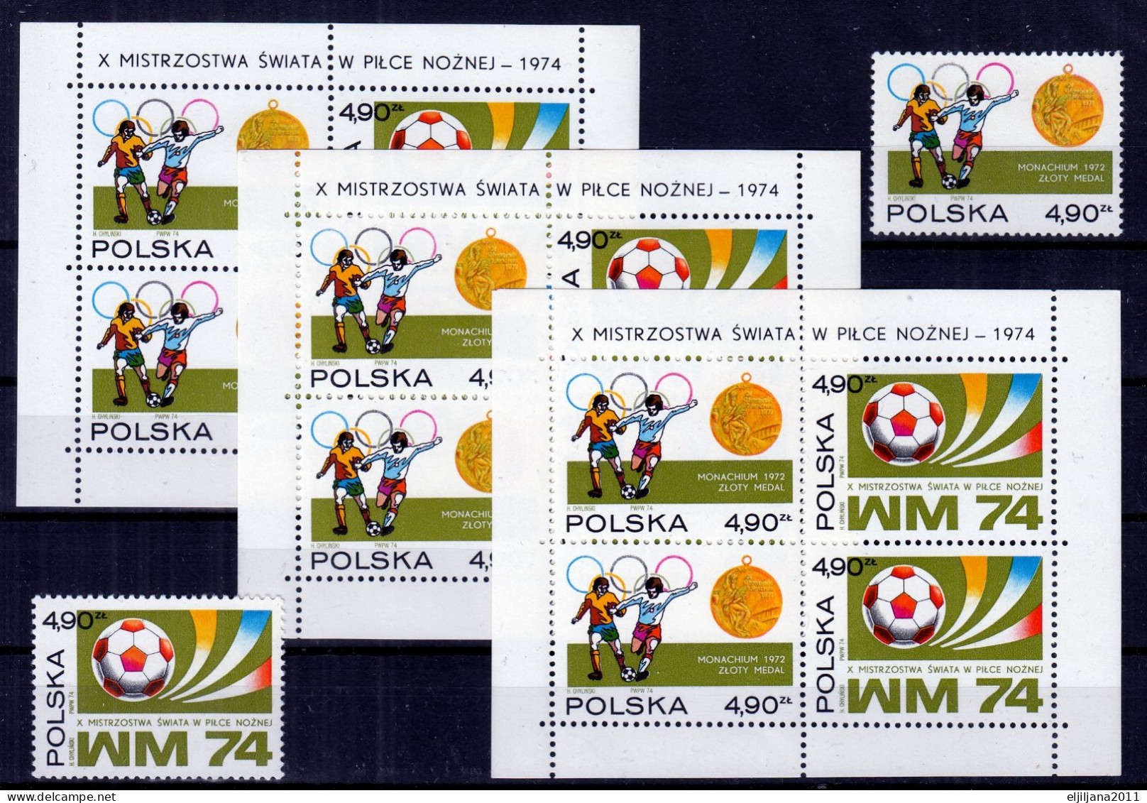 ⁕ Poland / Polska 1974 ⁕ World Football Championship. Medal, WM74 Logo Mi.2315-2316 ⁕ 3v MNH Block 59 + 2v Stamps - Unused Stamps