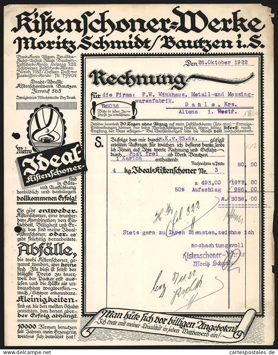 Rechnung Bautzen I. S. 1922, Moritz Schmidt, Kistenschoner-Werke, Schutzmarke Ideal  - Sonstige & Ohne Zuordnung