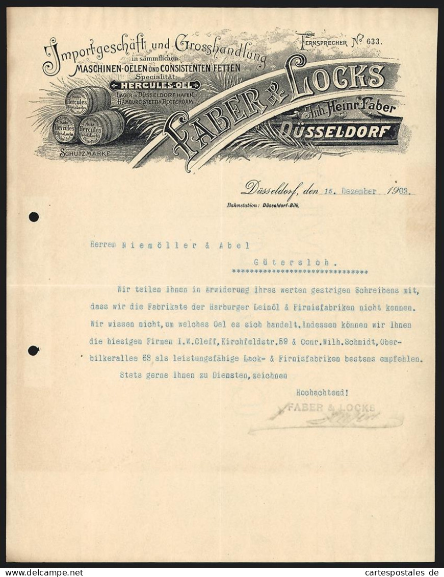 Rechnung Düsseldorf 1903, Faber & Locks, Importgeschäft Und Grosshandlung In Ölen Und Fetten, Schutzmarke Herkules  - Sonstige & Ohne Zuordnung