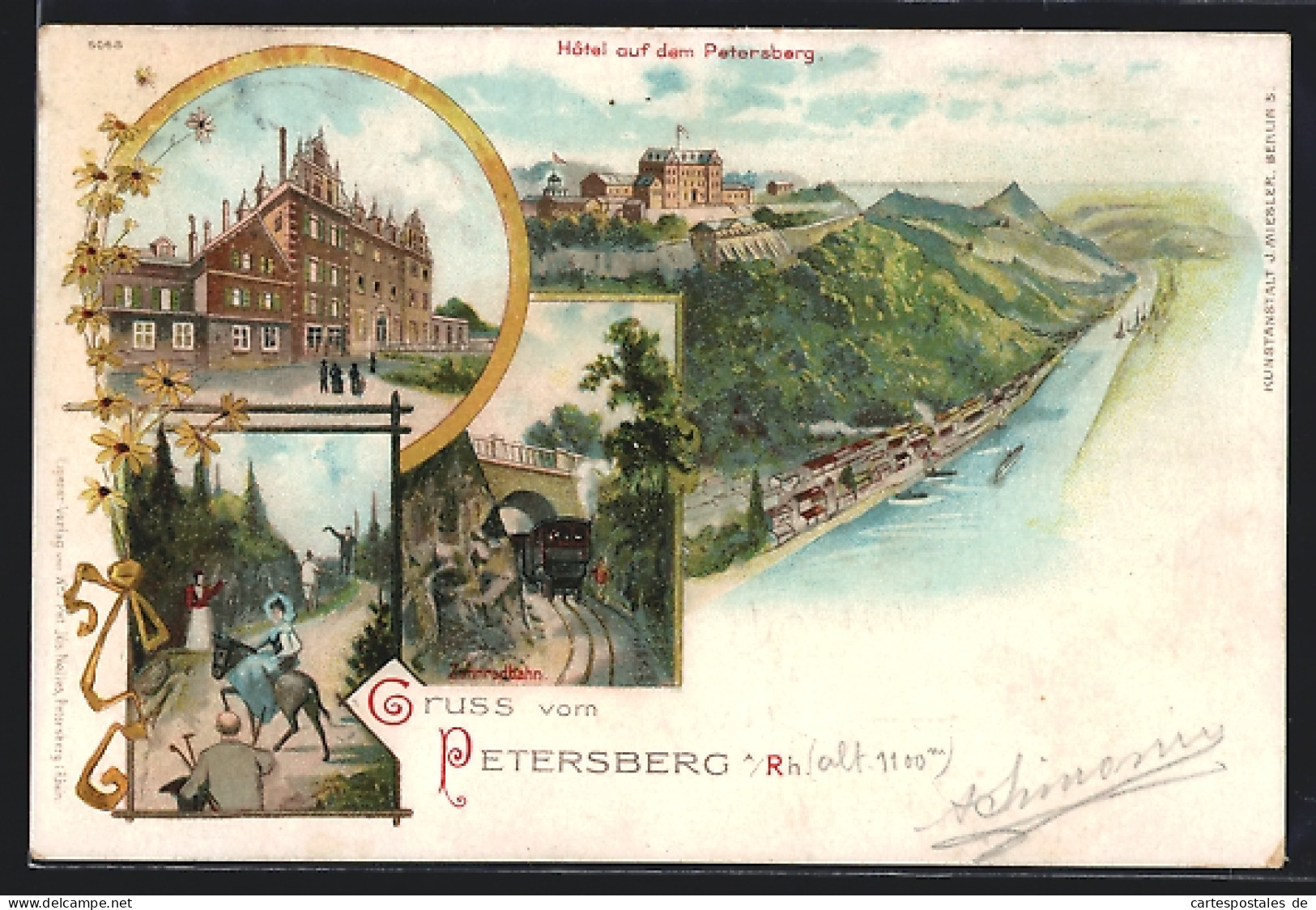 Lithographie Petersberg / Rhein, Zentralbahn, Hotel, Flusspartie  - Petersberg