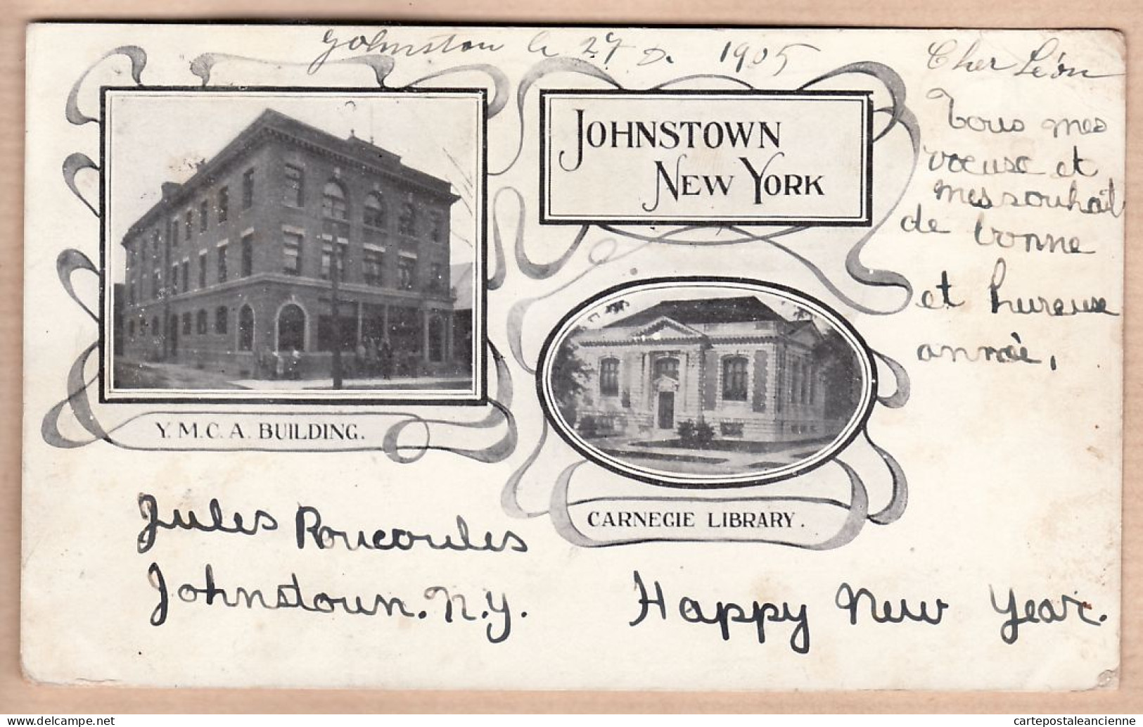 01675 / ♥️ ⭐ JOHNSTOWN NY-New-York CARNEGIE Library & YMCA Building 1907 Happy New Year CASSOLY Cervolles Perpignan - Sonstige & Ohne Zuordnung