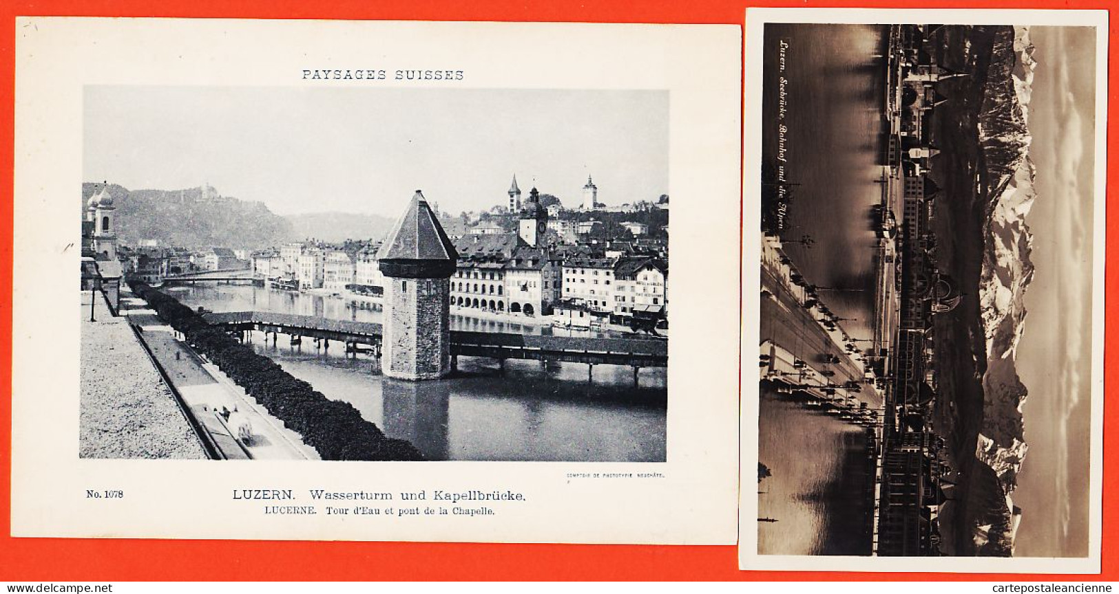 01568 / LUZERN Wasserturn Kapellbrücke 1890s Paysages SUISSES 1078 +CP LUCERNE Seebrücke Bahnhof Alpen 1930s GOETZ 2894 - Autres & Non Classés